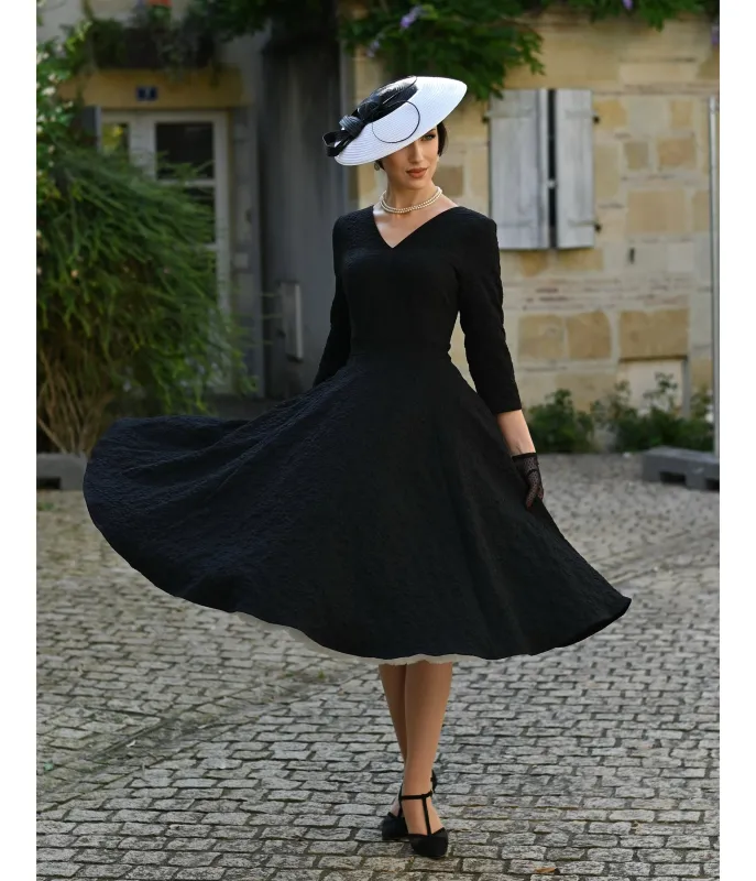 Black Floral Jacquard Piper Swing Dress sold by Unique Vintage