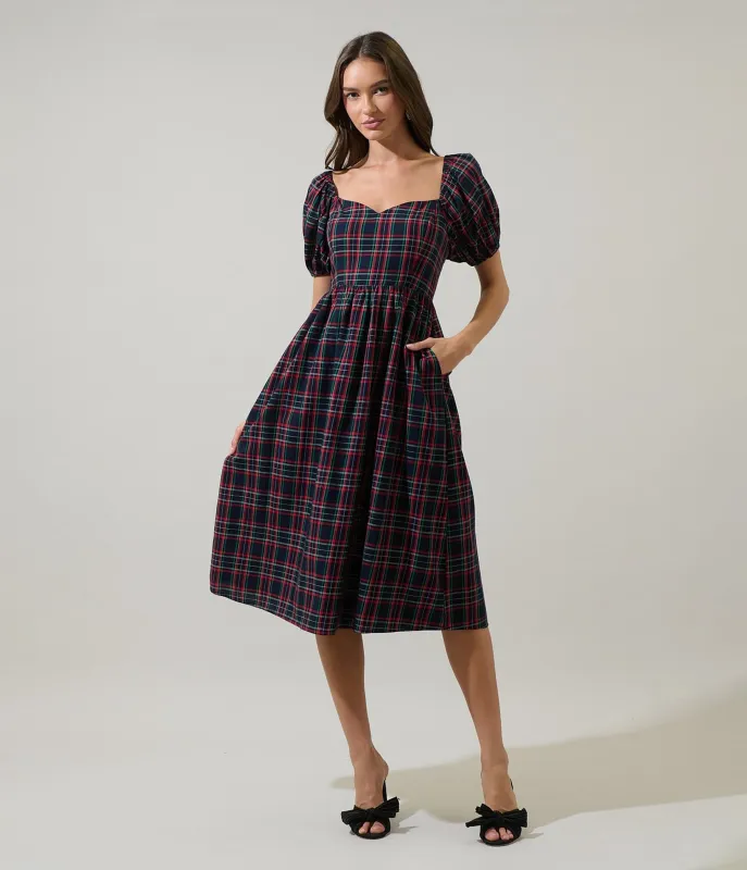 Navy Plaid Puff Sleeve Midi Dress sold by Unique Vintage