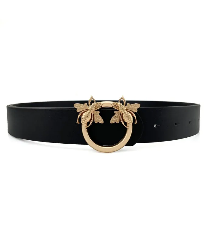 Black Leatherette & Gold Bee Buckle Belt made by Unique Vintage