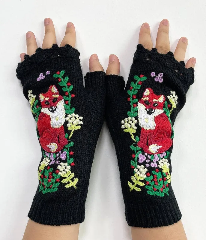 Back Fox Knit Fingerless Gloves sold by Unique Vintage
