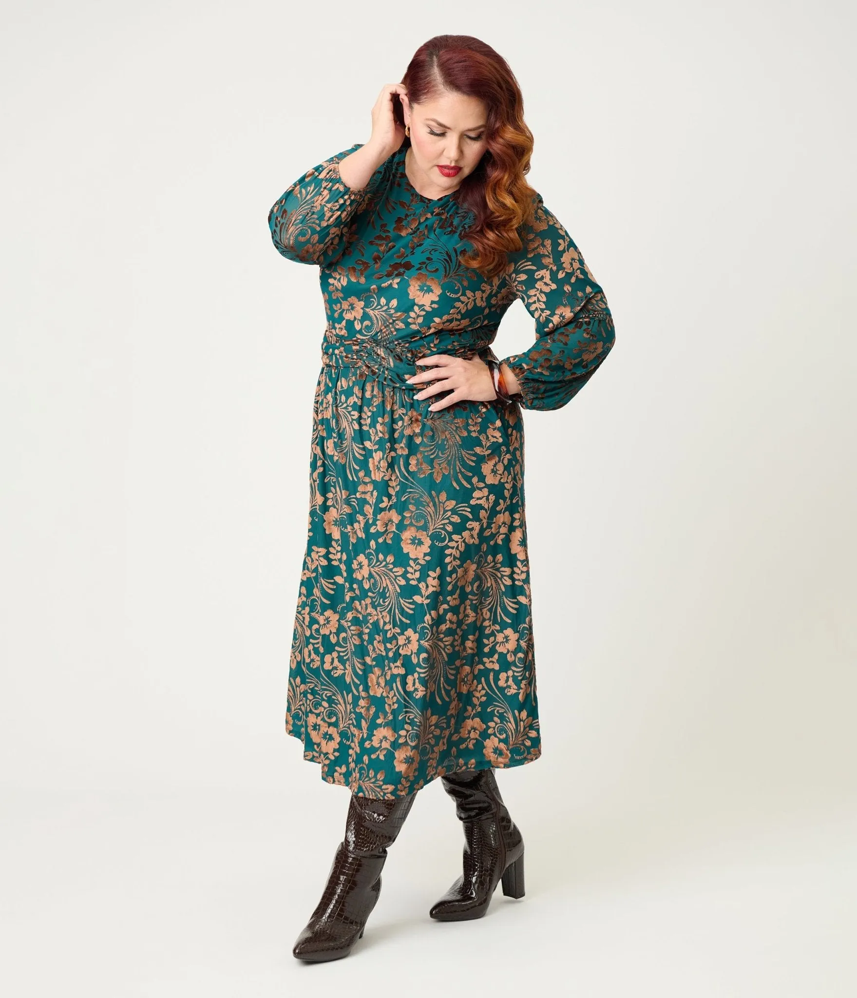 Plus Size Teal Floral Velvet Burnout Midi Dress sold by Unique Vintage product image thumbnail 3