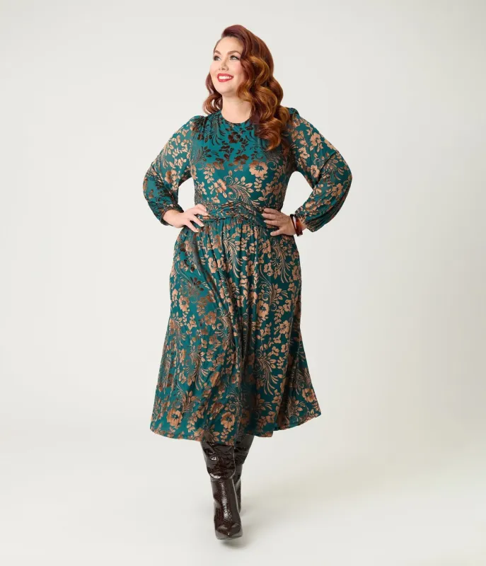 Plus Size Teal Floral Velvet Burnout Midi Dress sold by Unique Vintage