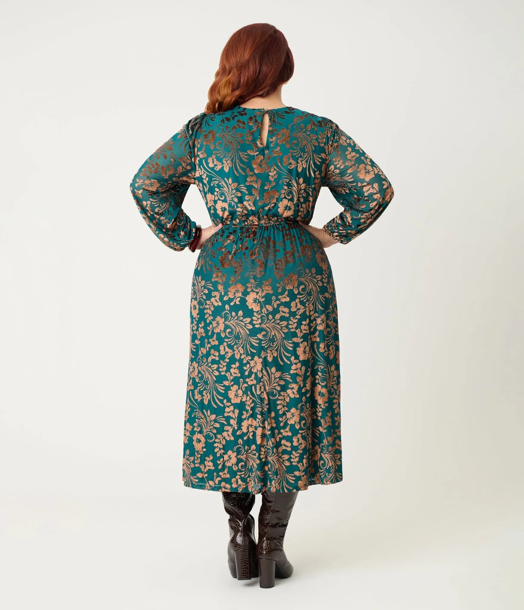 Plus Size Teal Floral Velvet Burnout Midi Dress sold by Unique Vintage product image thumbnail 2