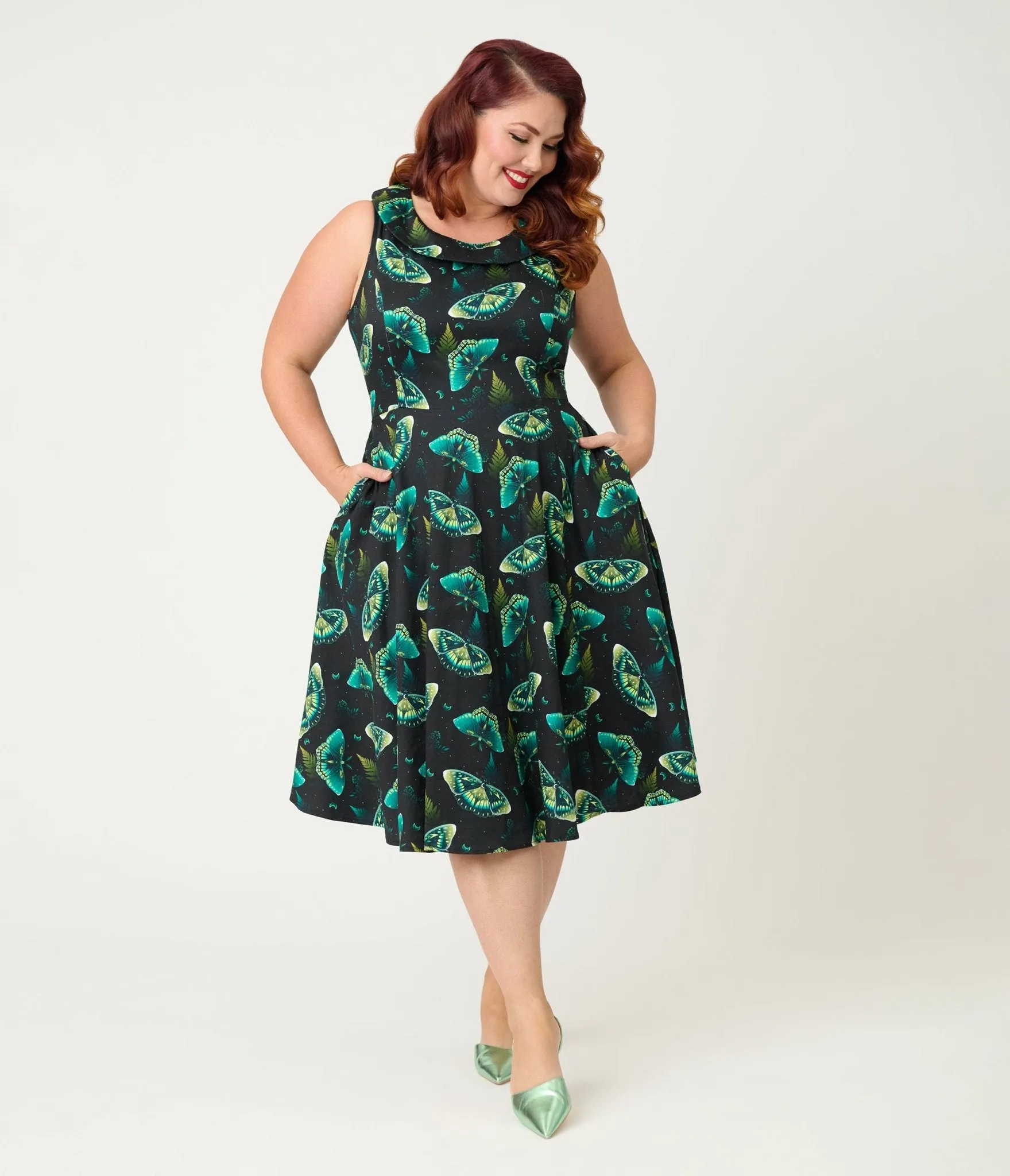 Orchid Bloom Plus Size Black & Blue Butterfly Cotton Swing Dress sold by Unique Vintage product image thumbnail 3