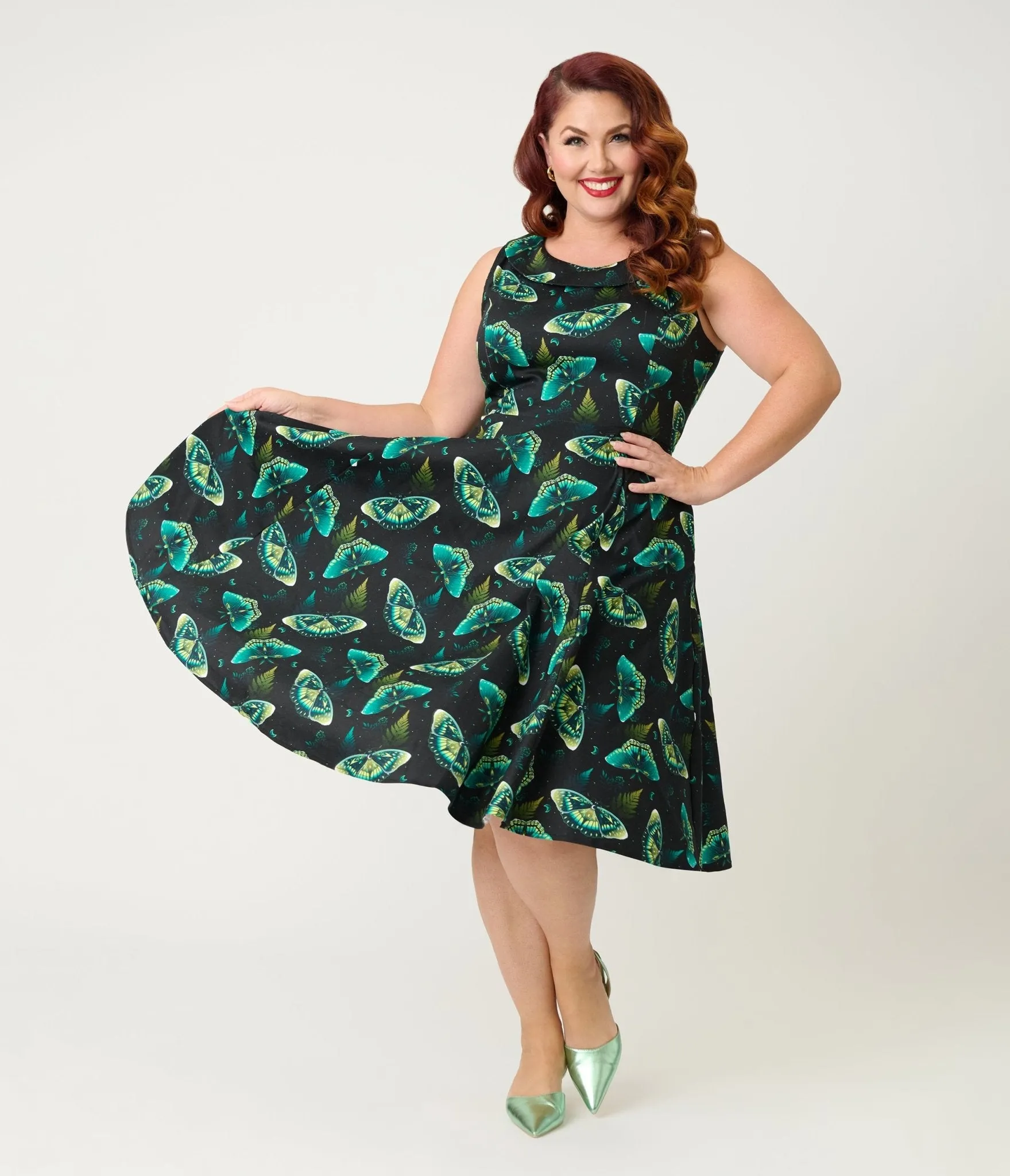 Orchid Bloom Plus Size Black & Blue Butterfly Cotton Swing Dress sold by Unique Vintage