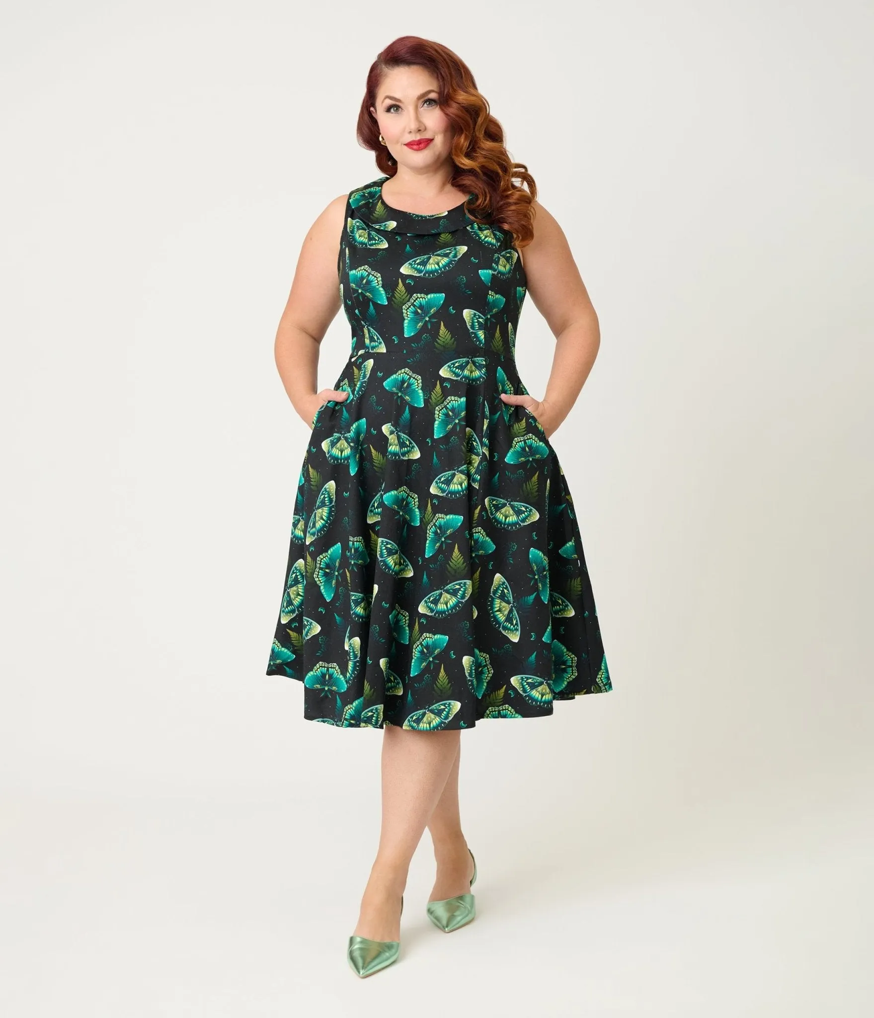 Orchid Bloom Plus Size Black & Blue Butterfly Cotton Swing Dress sold by Unique Vintage product image thumbnail 4