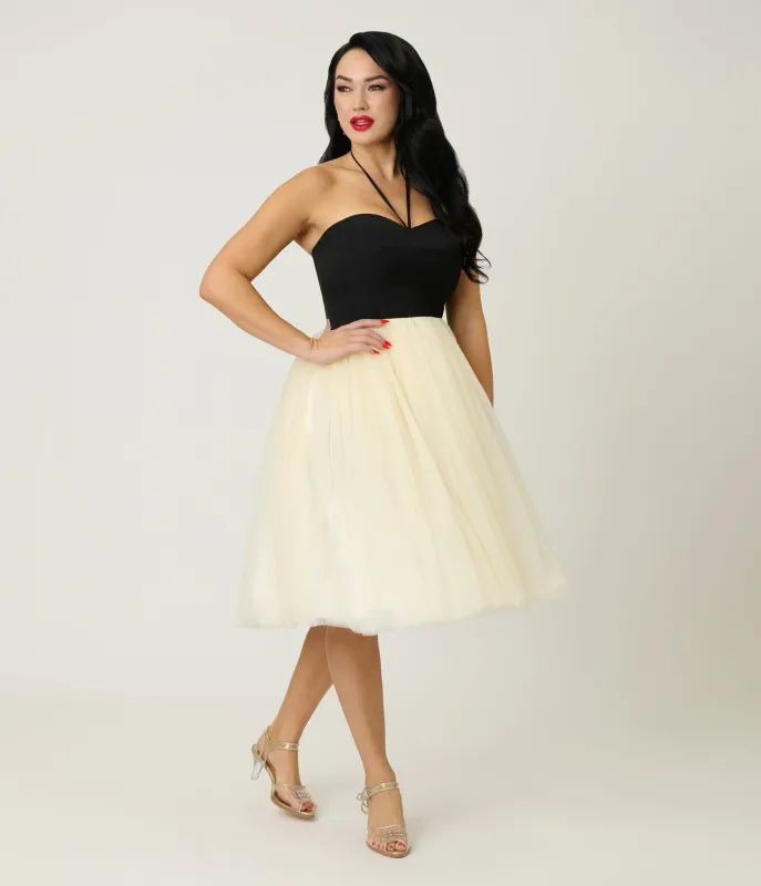 Unique Vintage Black & Ivory Sweetheart Halter Swing Dress sold by Unique Vintage