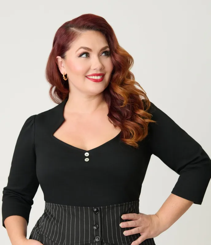 Unique Vintage Plus Size Black Three Quarter Length Sleeve Pentagon Collar Top sold by Unique Vintage