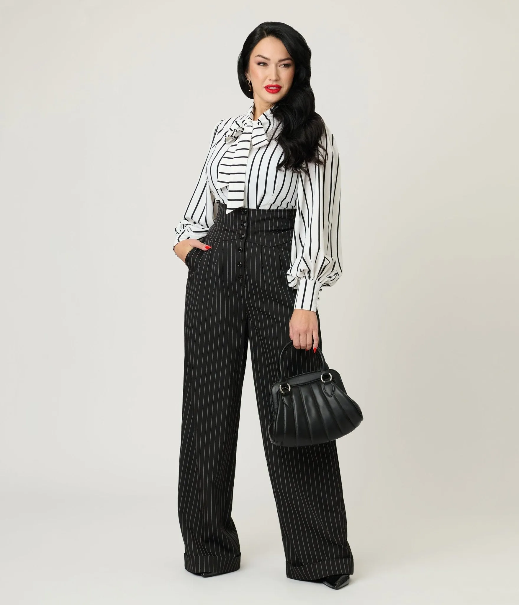 Unique Vintage Black Pinstripe High Waist Trousers sold by Unique Vintage product image thumbnail 5