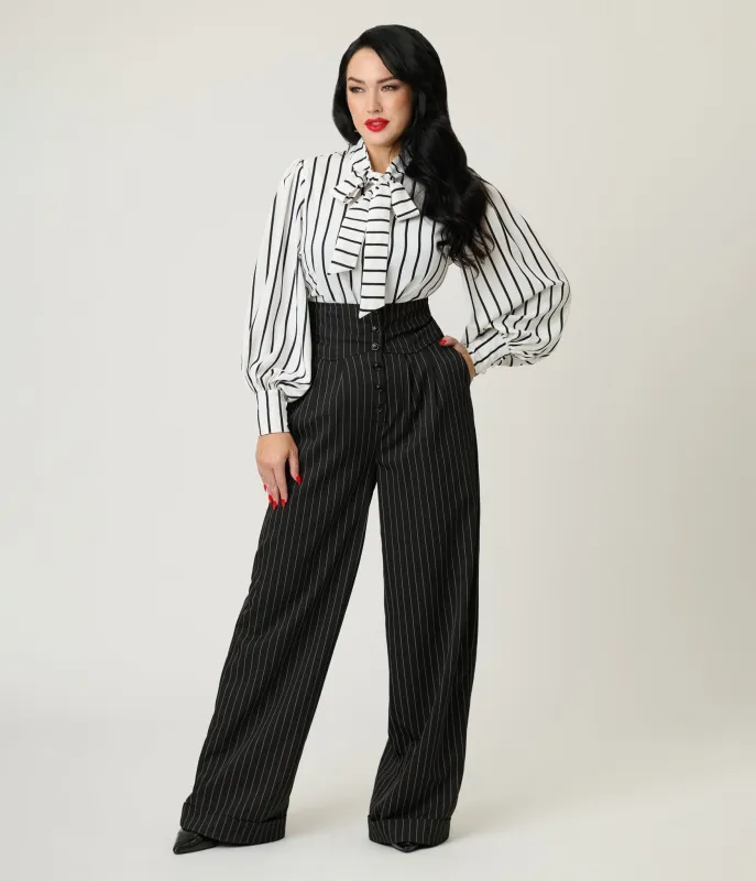 Unique Vintage Black Pinstripe High Waist Trousers made by Unique Vintage