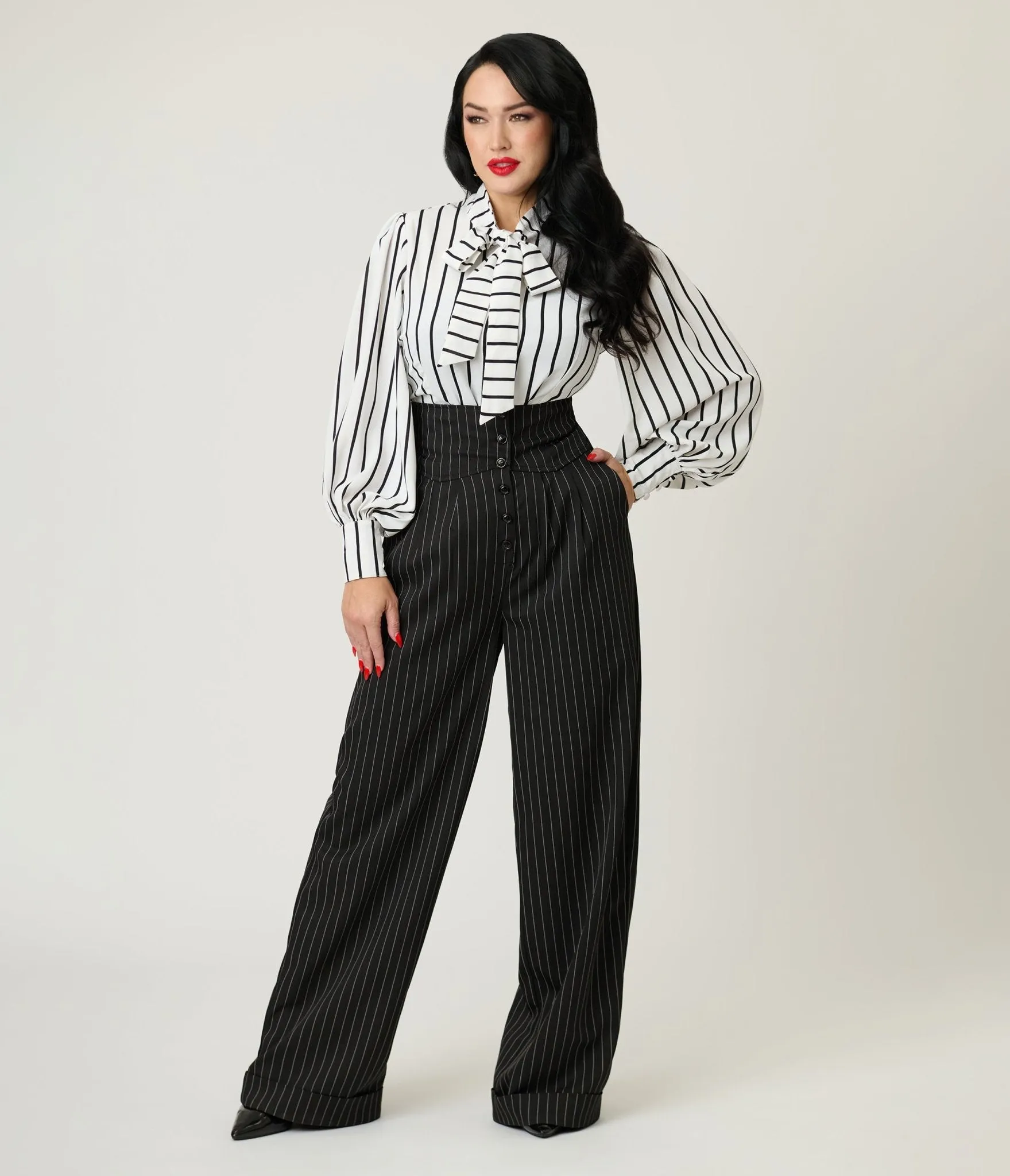 Unique Vintage Black Pinstripe High Waist Trousers sold by Unique Vintage