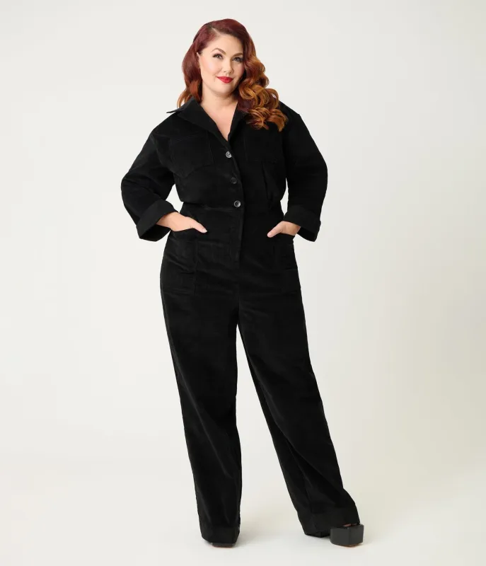 Unique Vintage Plus Size Black Corduroy Jumpsuit sold by Unique Vintage