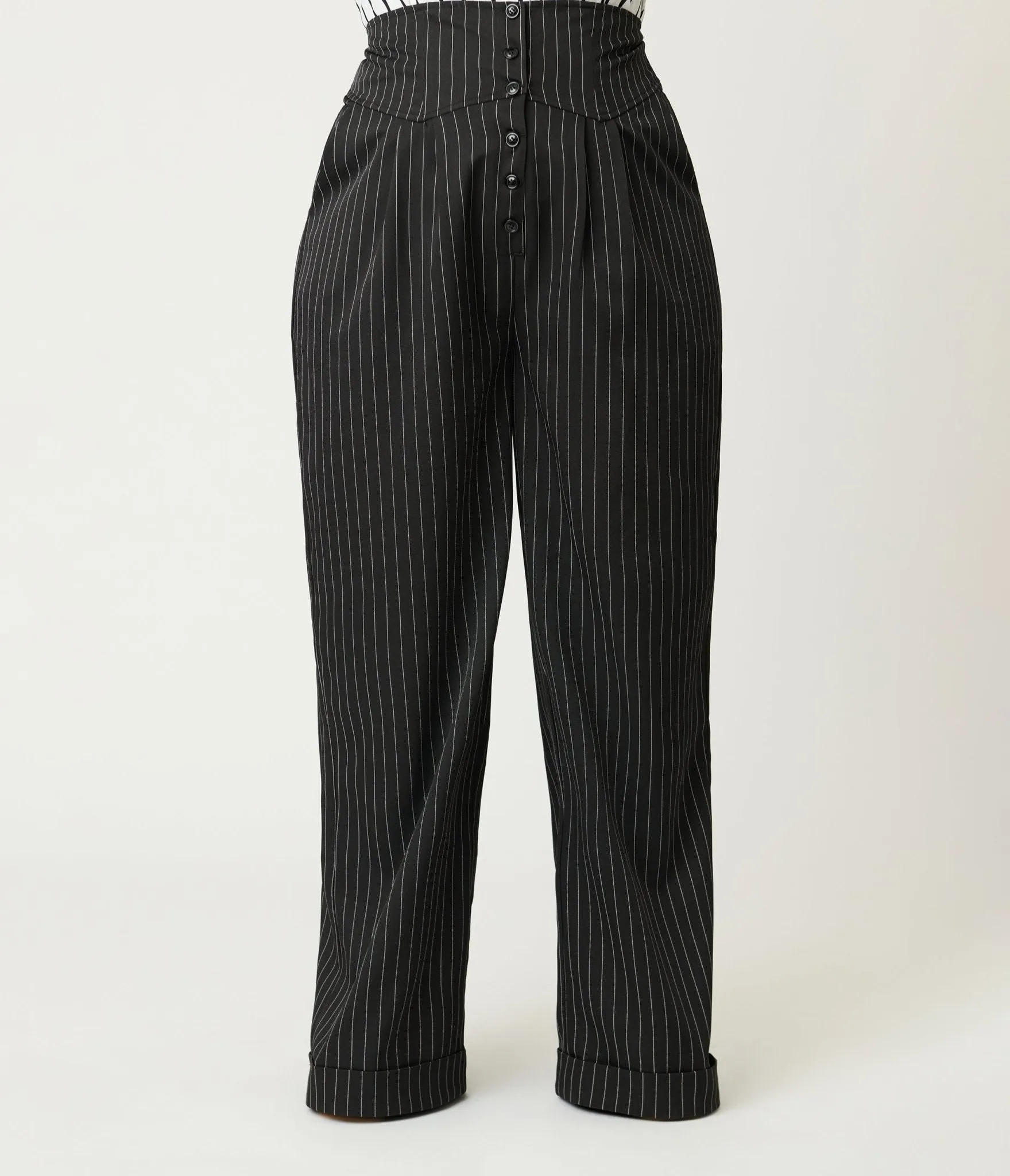 Unique Vintage Plus Size Black Pinstripe High Waist Trousers sold by Unique Vintage product image thumbnail 2