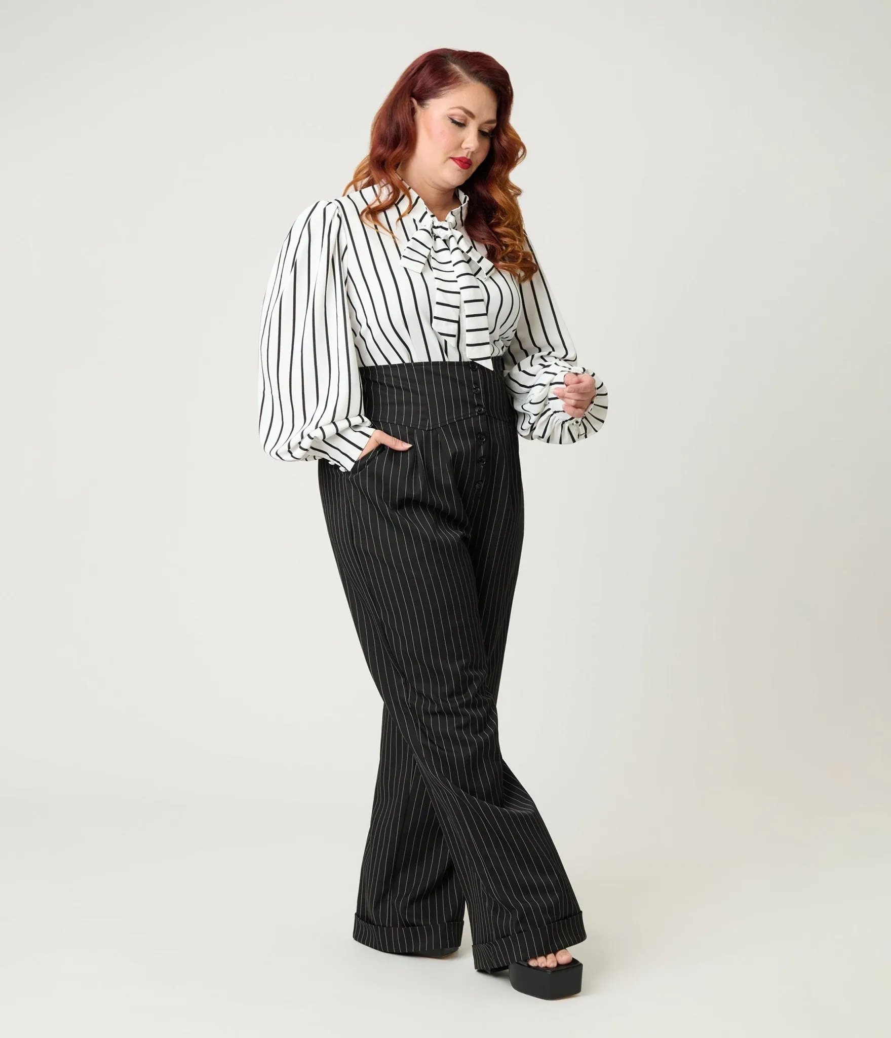 Unique Vintage Plus Size Black Pinstripe High Waist Trousers sold by Unique Vintage product image thumbnail 4