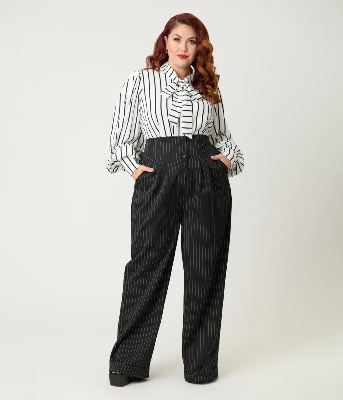 Unique Vintage Plus Size Black Pinstripe High Waist Trousers made by Unique Vintage