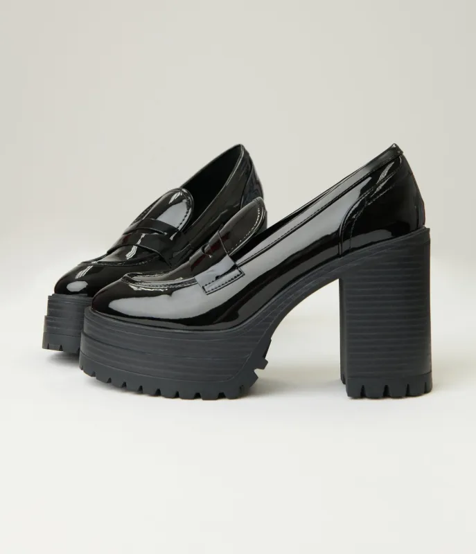 Black Patent Leatherette Platform Loafers sold by Unique Vintage