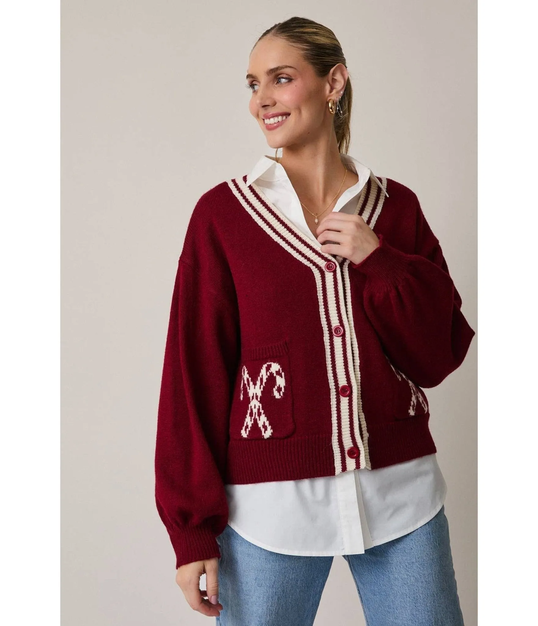 Burgundy Candy Cane Cardigan sold by Unique Vintage