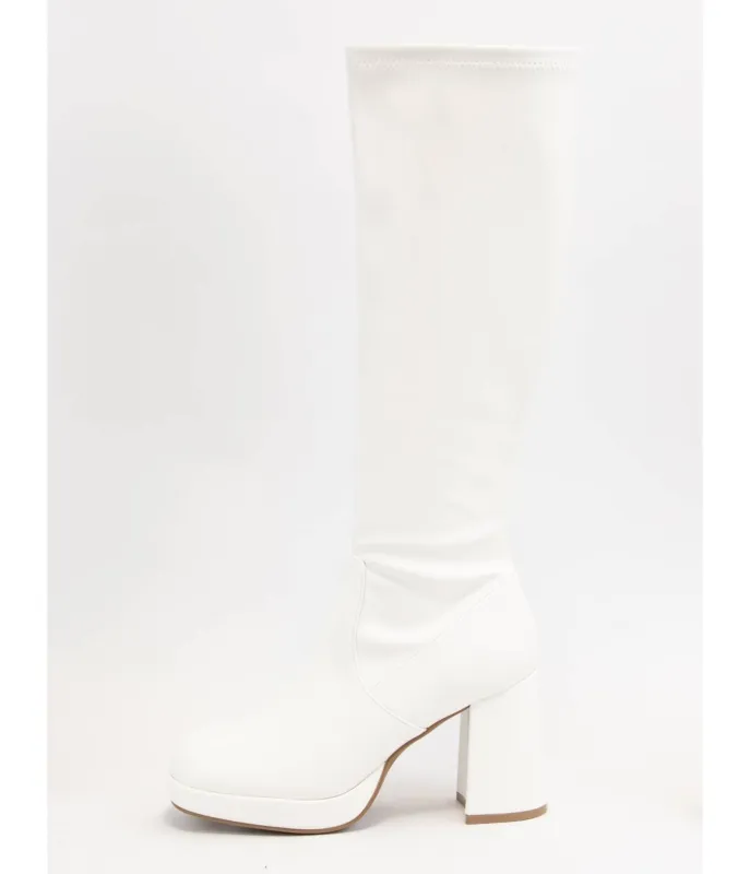 White Leatherette Platform Knee High Boots sold by Unique Vintage