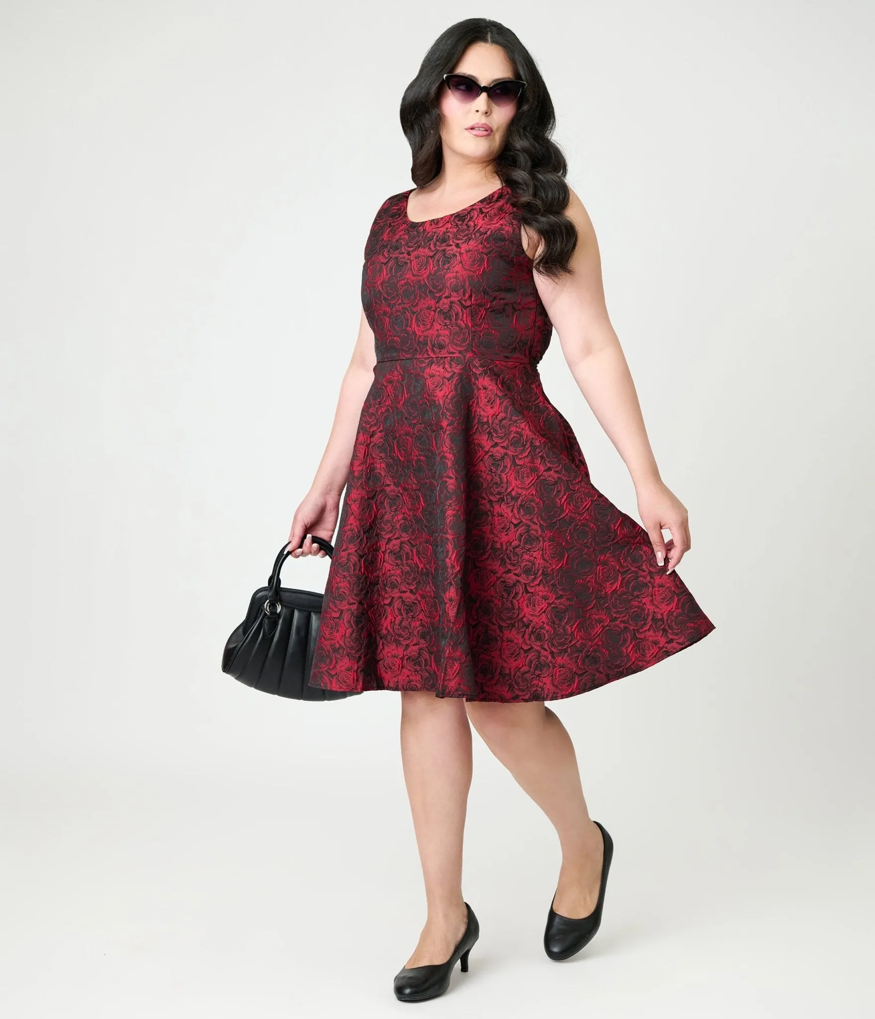 Orchid Bloom Plus Size Red Rose Jacquard Swing Dress sold by Unique Vintage