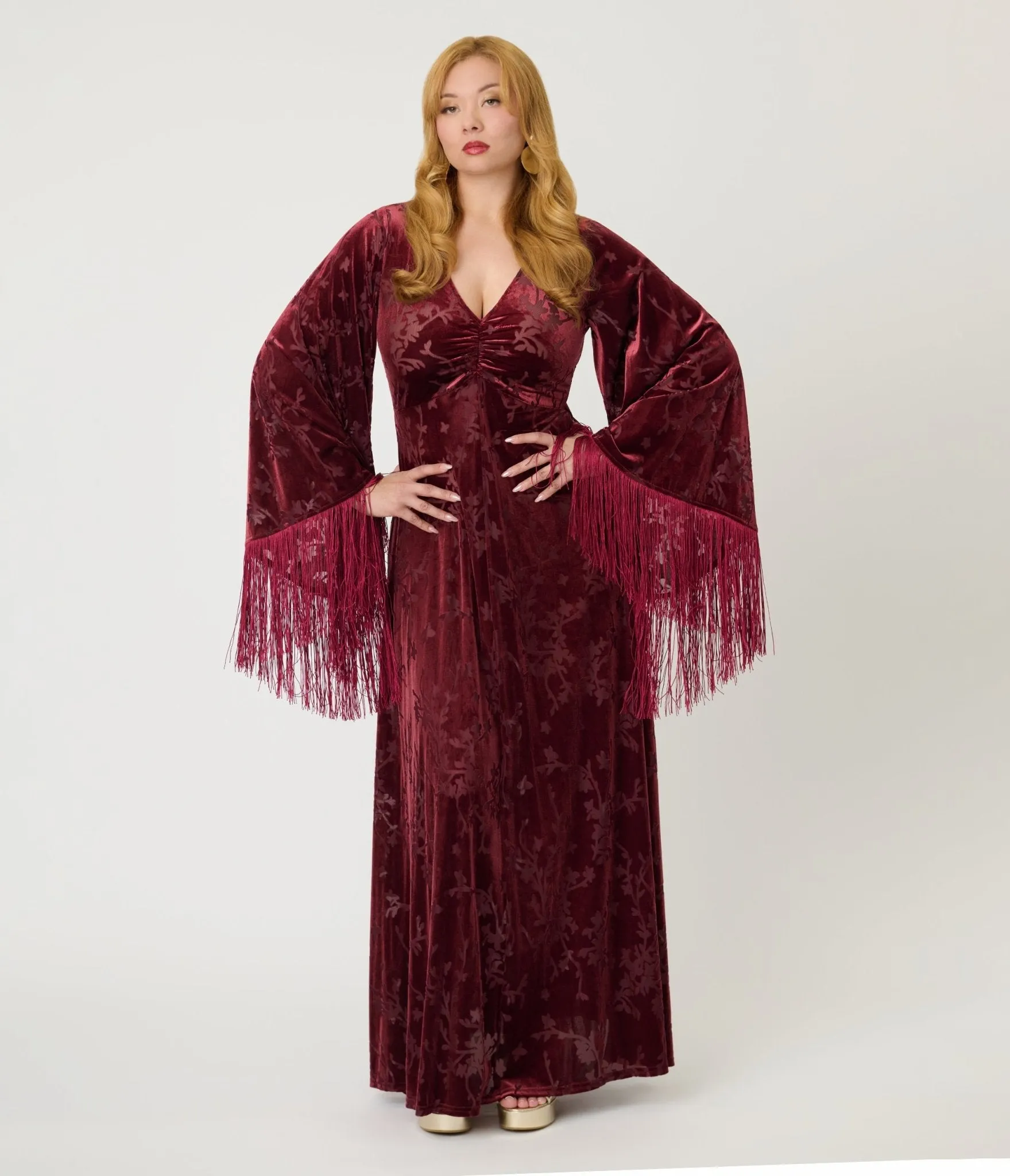 Smak Parlour Raspberry Velvet Burnout Fringe Sleeve Stevie Maxi Dress sold by Unique Vintage product image thumbnail 4