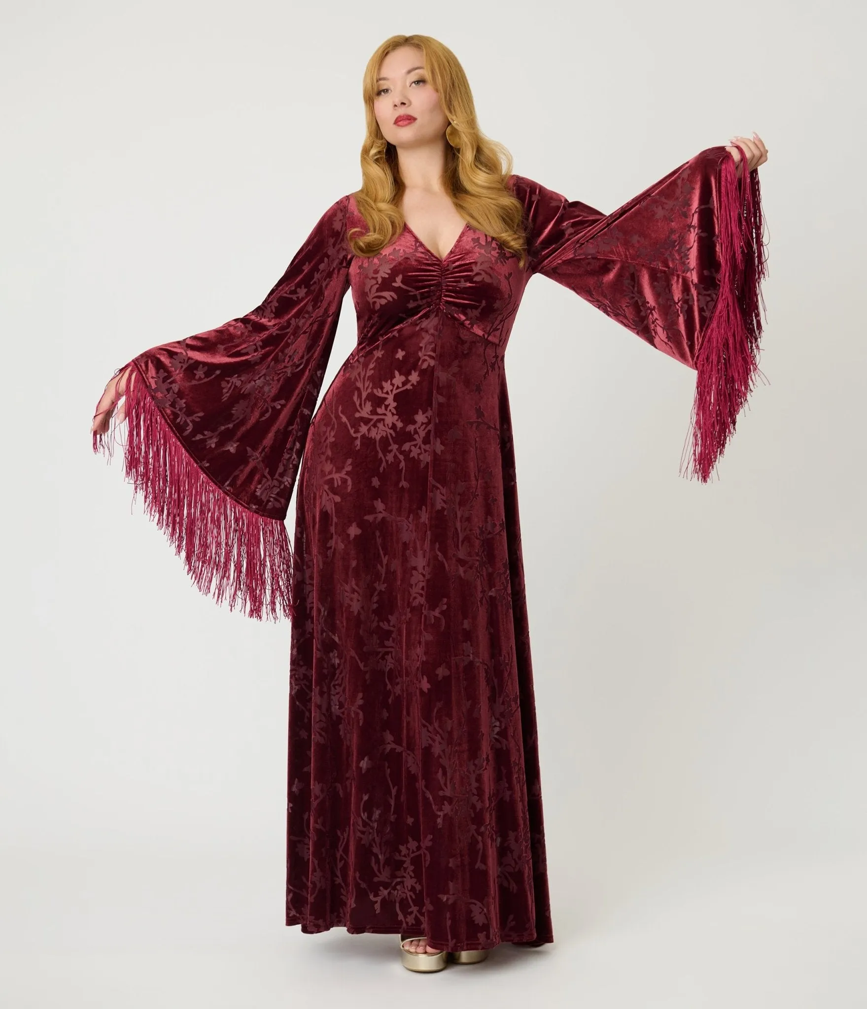 Smak Parlour Raspberry Velvet Burnout Fringe Sleeve Stevie Maxi Dress sold by Unique Vintage product image thumbnail 3