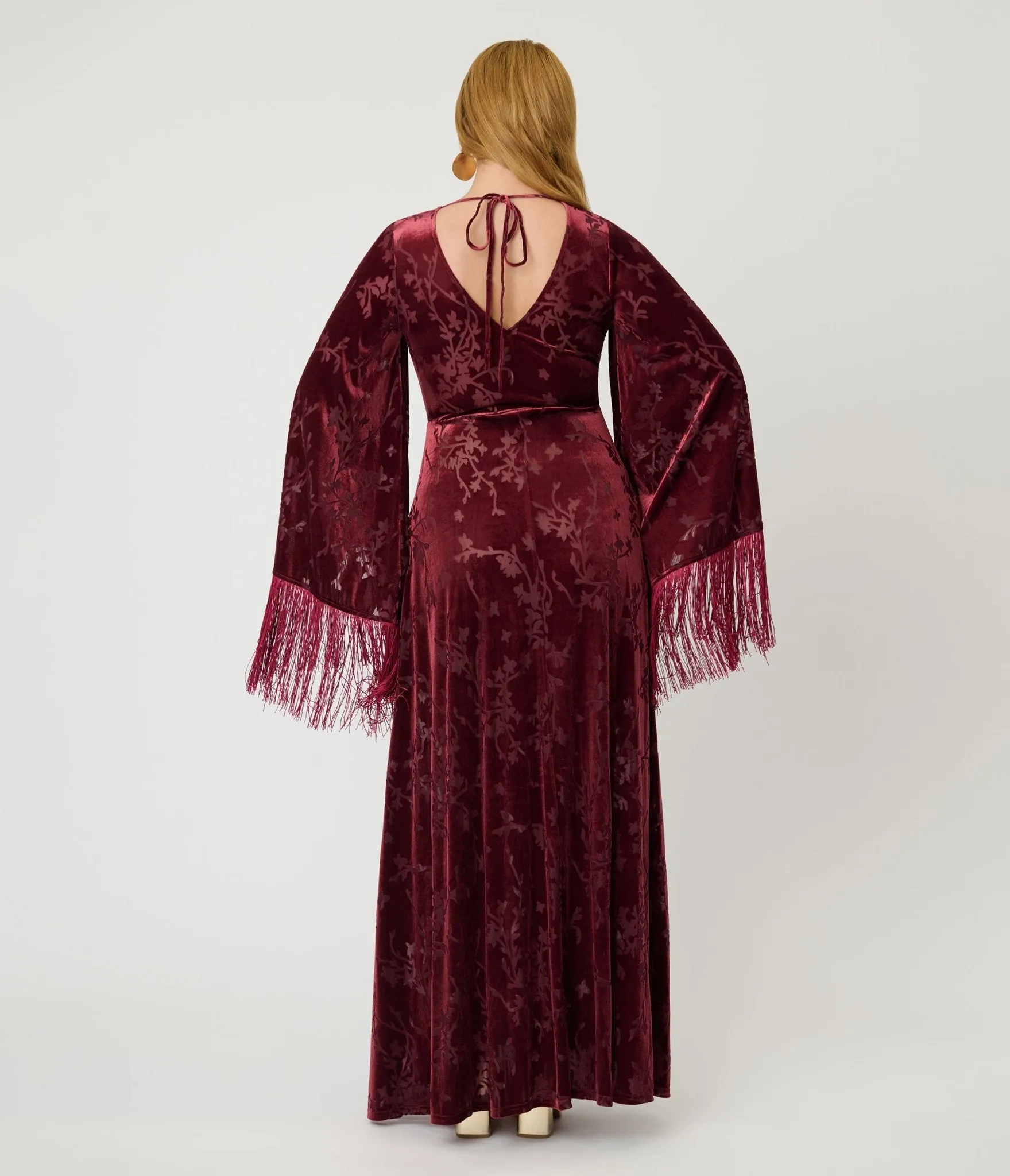 Smak Parlour Raspberry Velvet Burnout Fringe Sleeve Stevie Maxi Dress sold by Unique Vintage product image thumbnail 2