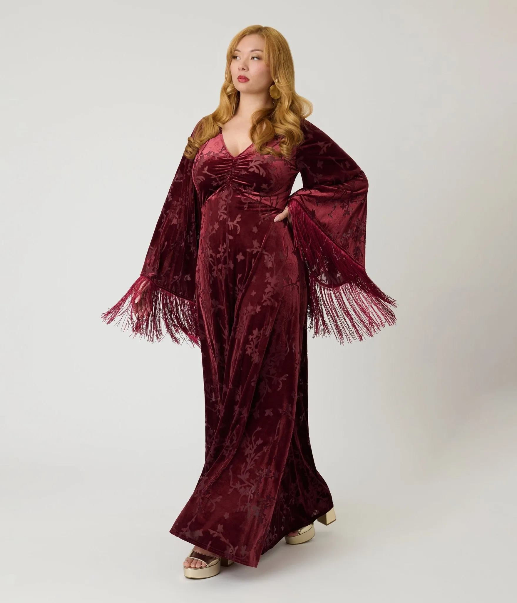 Smak Parlour Raspberry Velvet Burnout Fringe Sleeve Stevie Maxi Dress sold by Unique Vintage