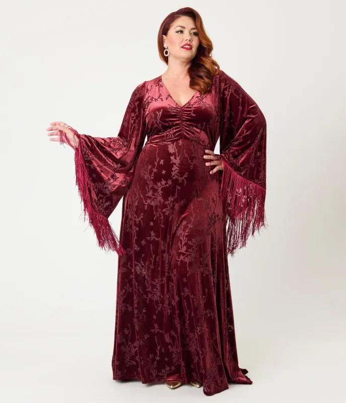 Smak Parlour Plus Size Raspberry Velvet Burnout Fringe Sleeve Stevie Maxi Dress sold by Unique Vintage