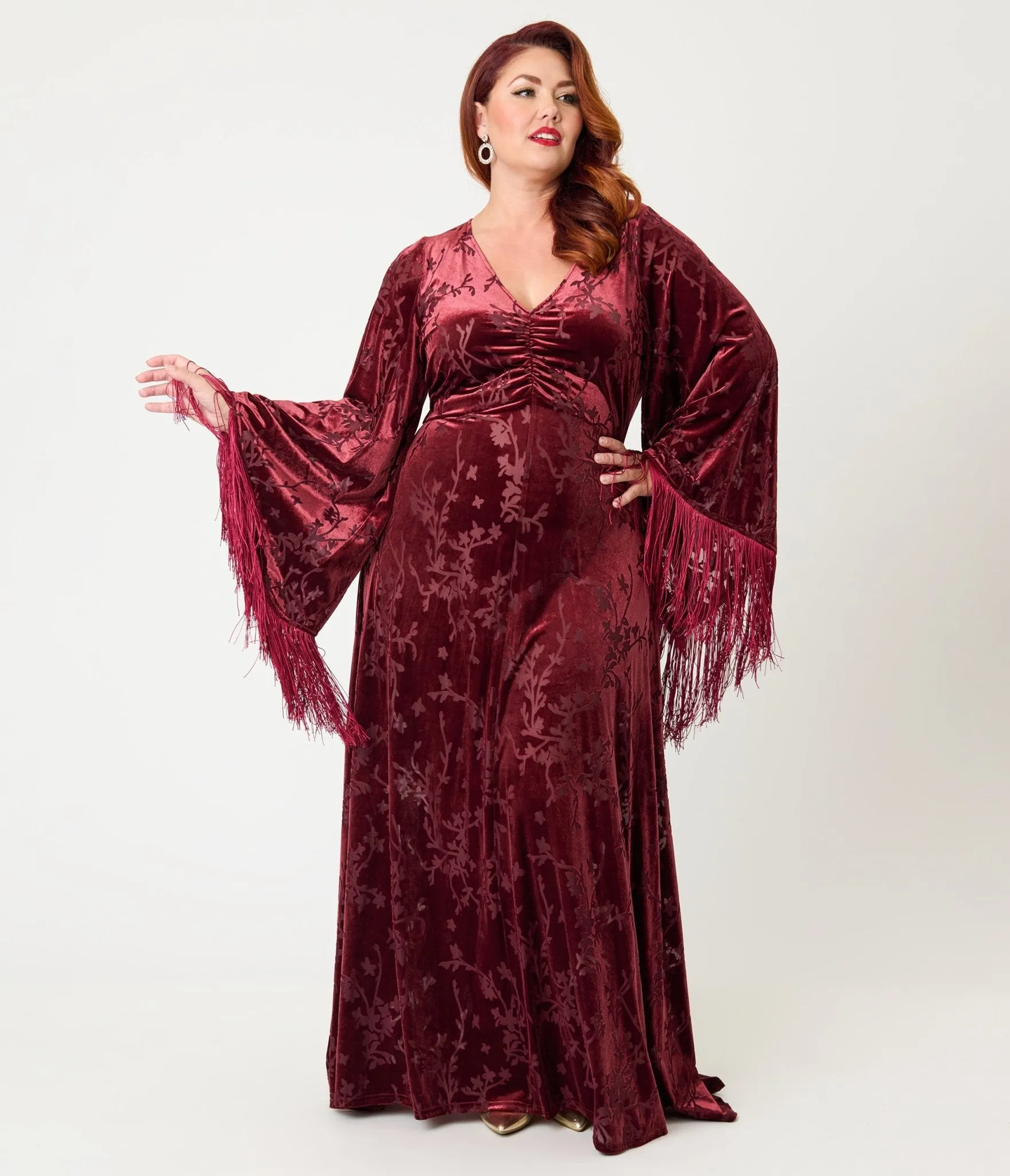 Smak Parlour Plus Size Raspberry Velvet Burnout Fringe Sleeve Stevie Maxi Dress sold by Unique Vintage