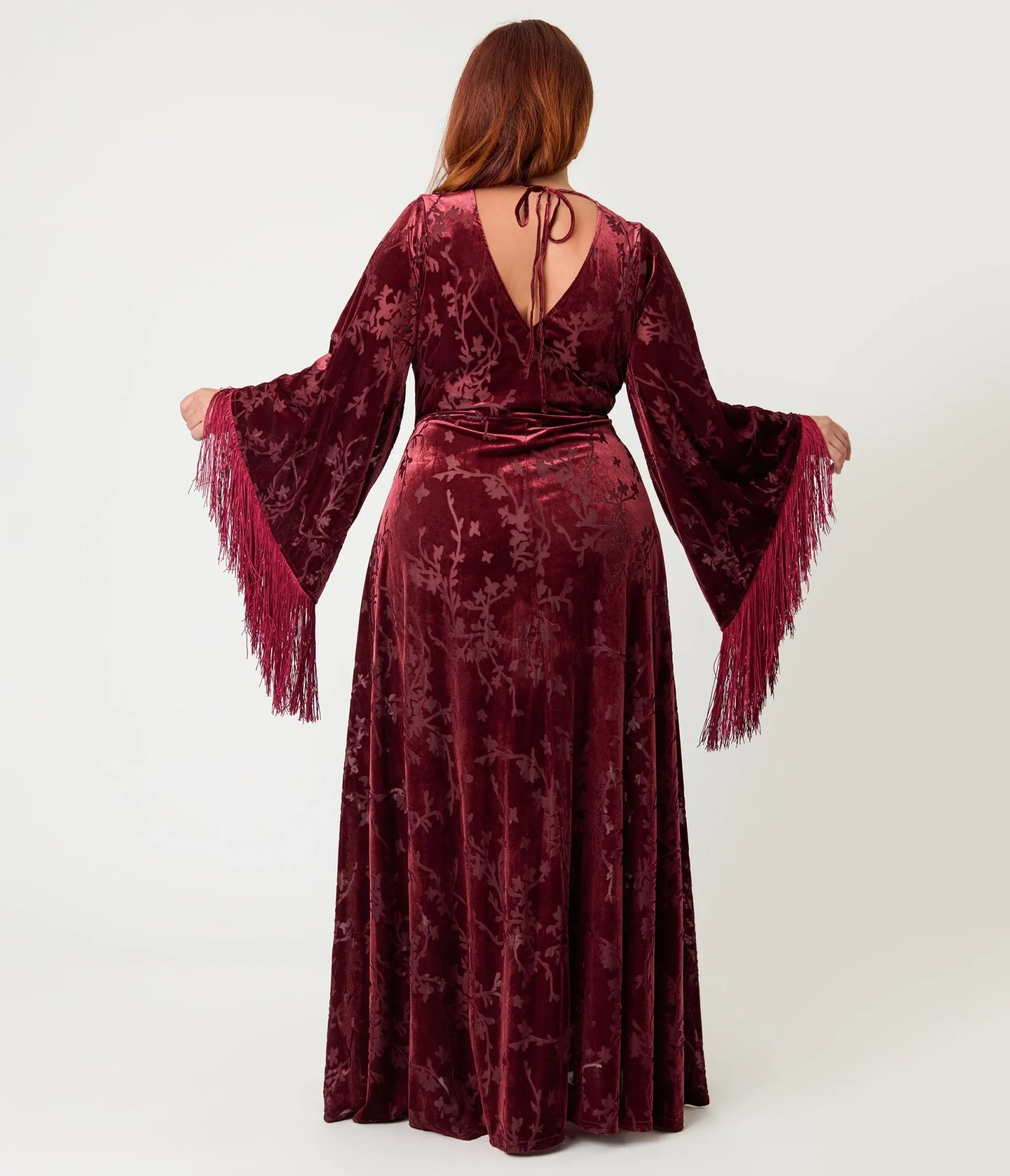 Smak Parlour Plus Size Raspberry Velvet Burnout Fringe Sleeve Stevie Maxi Dress sold by Unique Vintage product image thumbnail 2