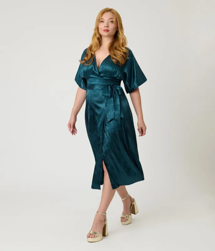 Unique Vintage Teal Floral Brocade Wrap Midi Dress sold by Unique Vintage