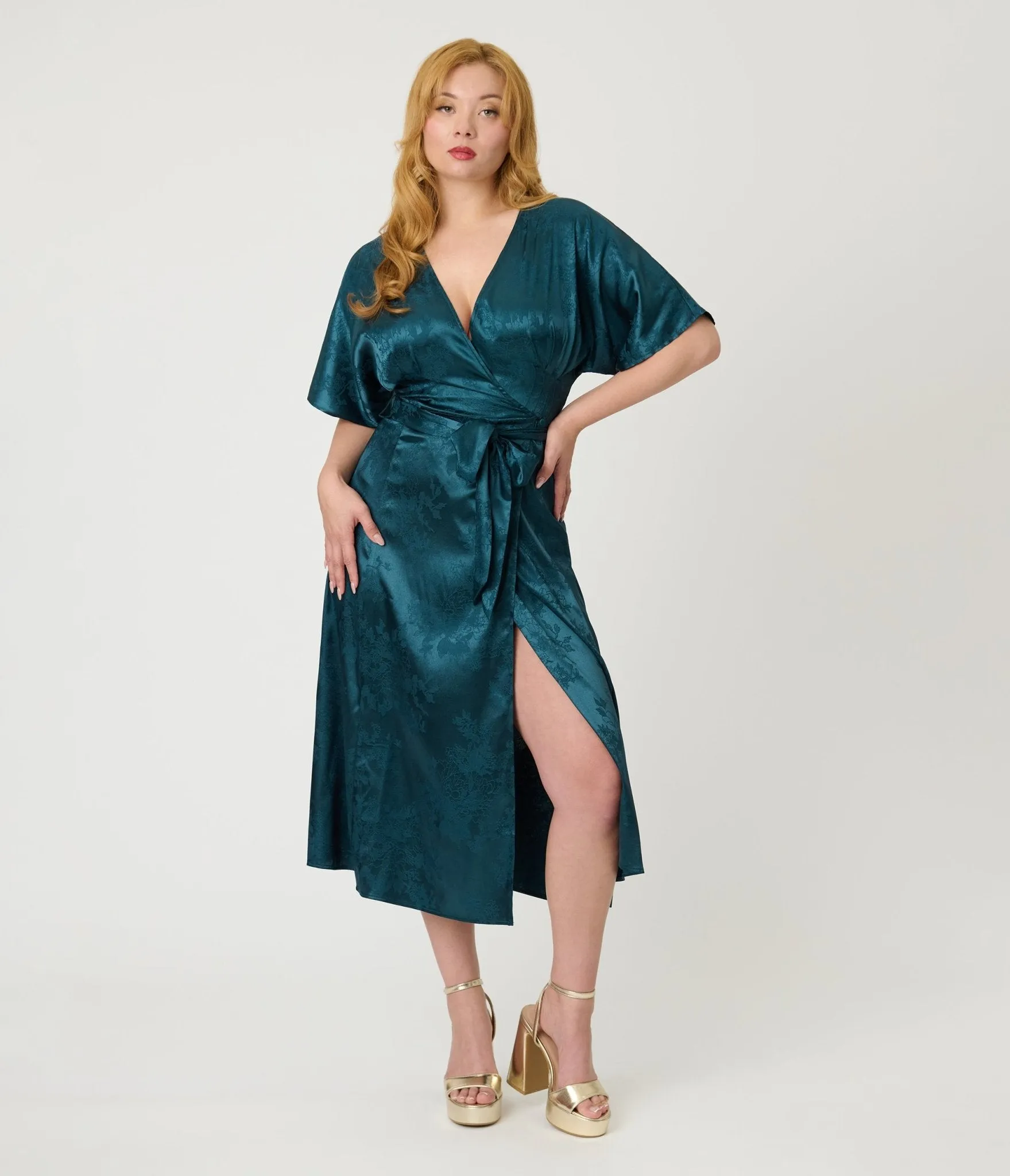 Unique Vintage Teal Floral Brocade Wrap Midi Dress sold by Unique Vintage product image thumbnail 4