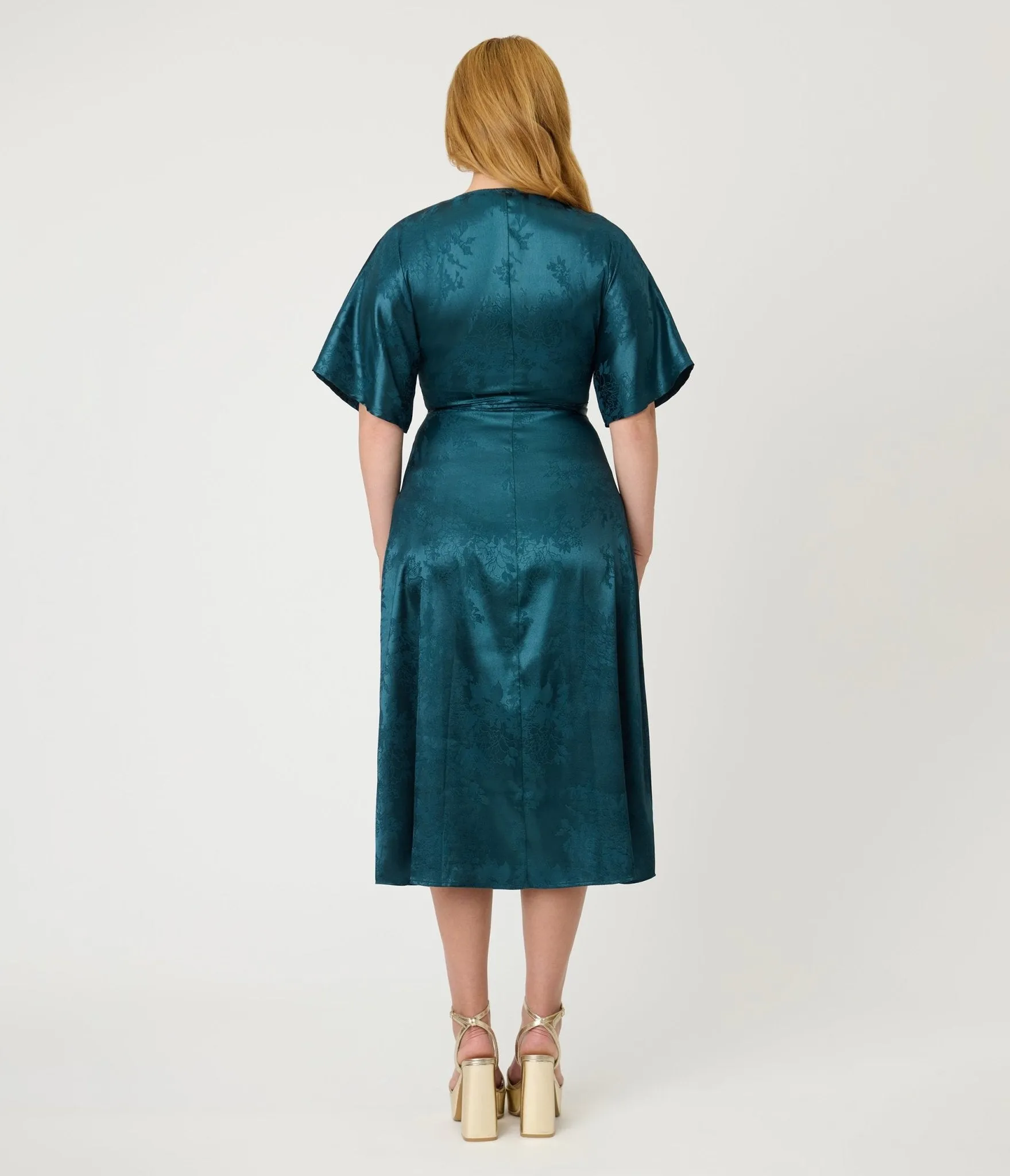 Unique Vintage Teal Floral Brocade Wrap Midi Dress sold by Unique Vintage product image thumbnail 2