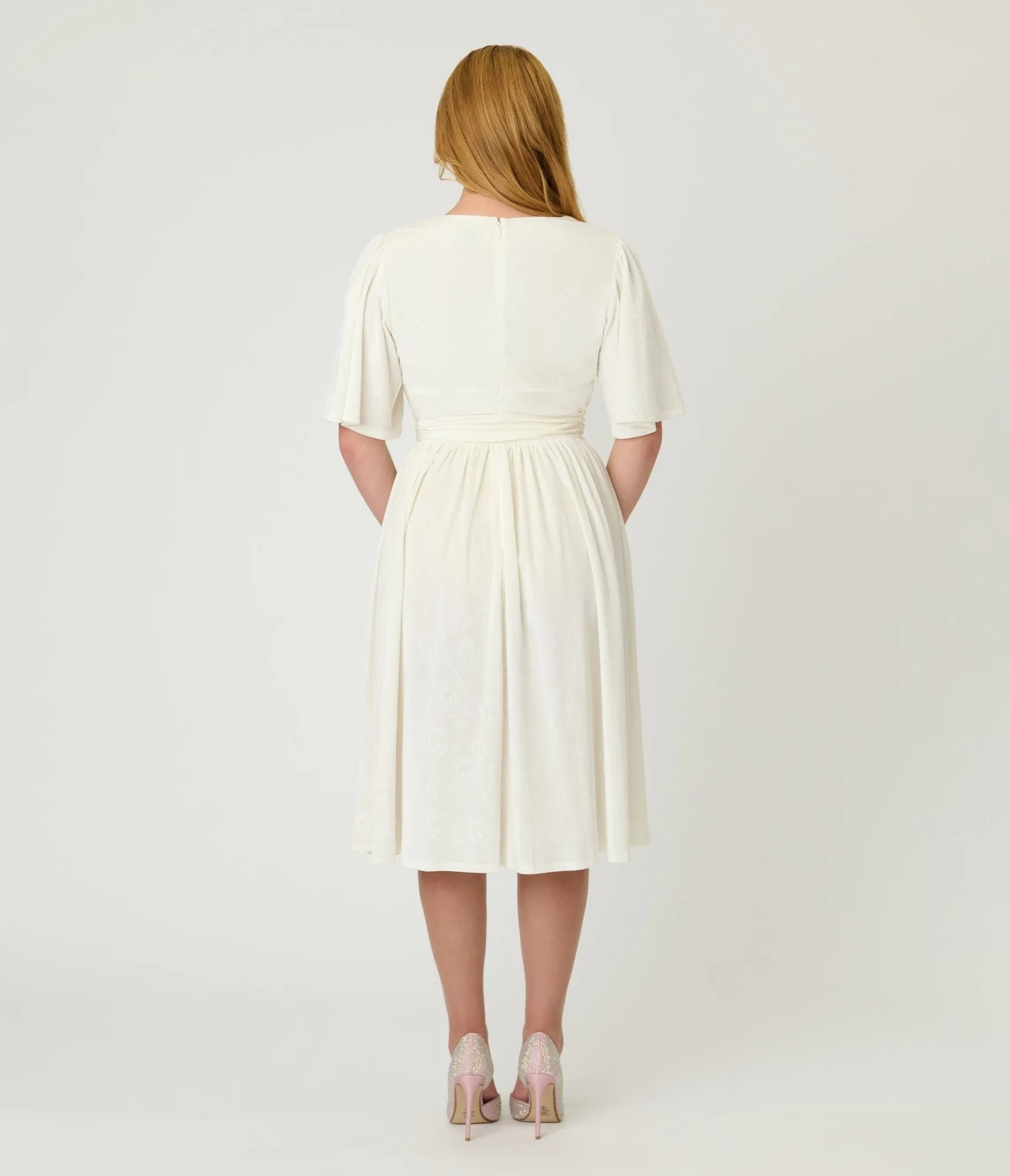 Unique Vintage Ivory Peacock Embossed Velvet Flutter Sleeve Lenora Swing Dress sold by Unique Vintage product image thumbnail 2