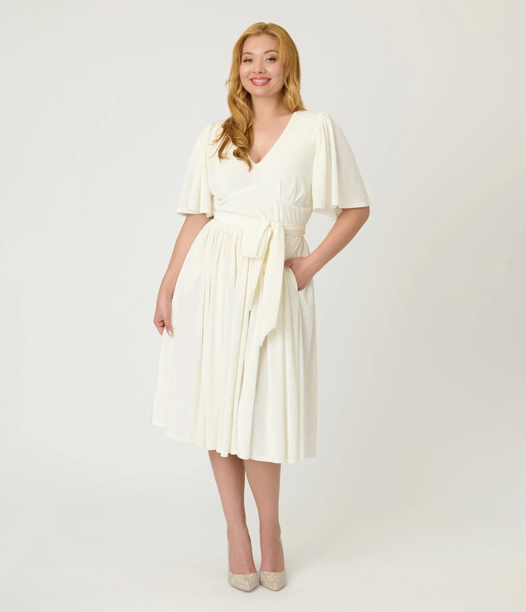 Unique Vintage Ivory Peacock Embossed Velvet Flutter Sleeve Lenora Swing Dress sold by Unique Vintage product image thumbnail 3