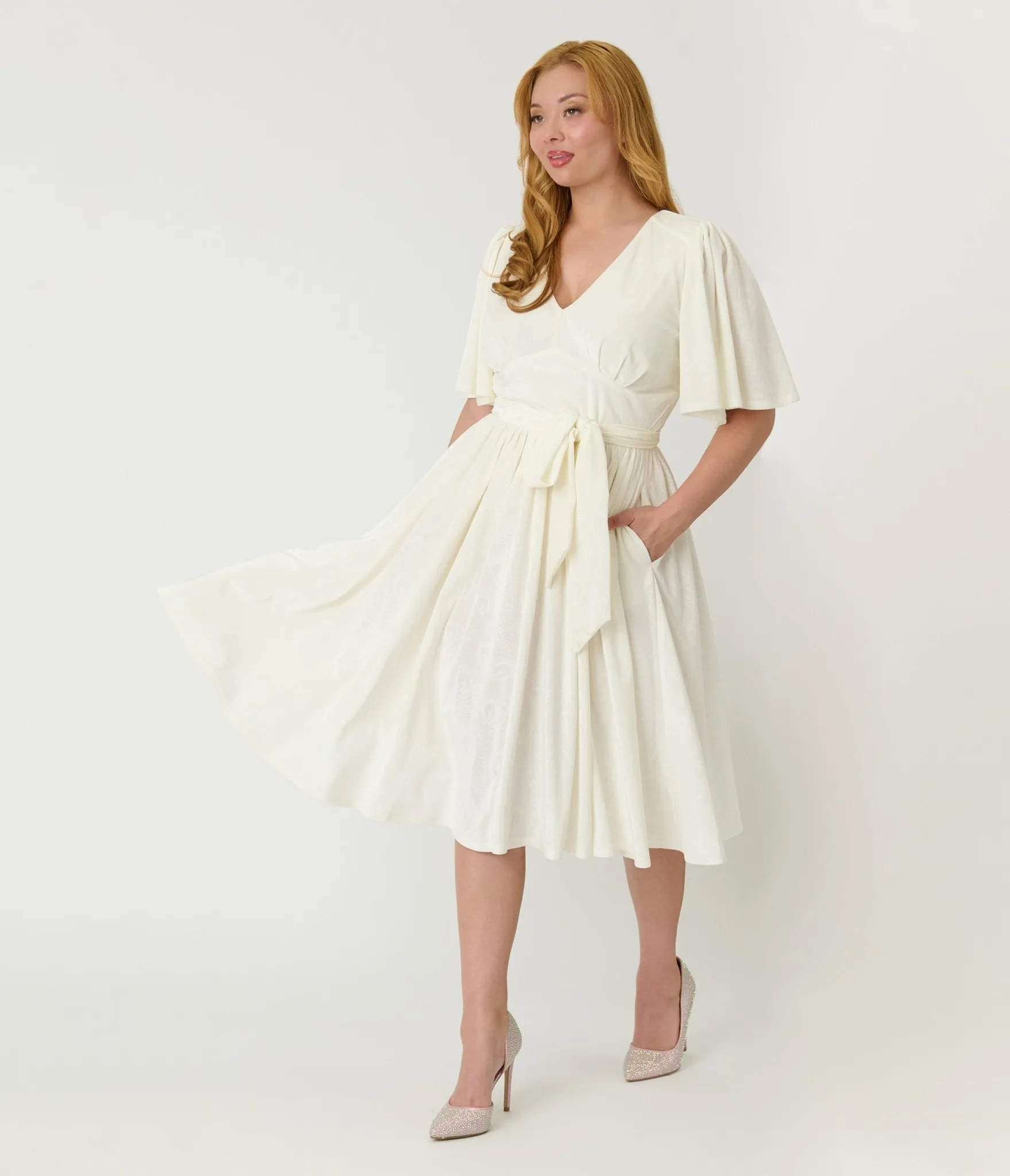 Unique Vintage Ivory Peacock Embossed Velvet Flutter Sleeve Lenora Swing Dress sold by Unique Vintage