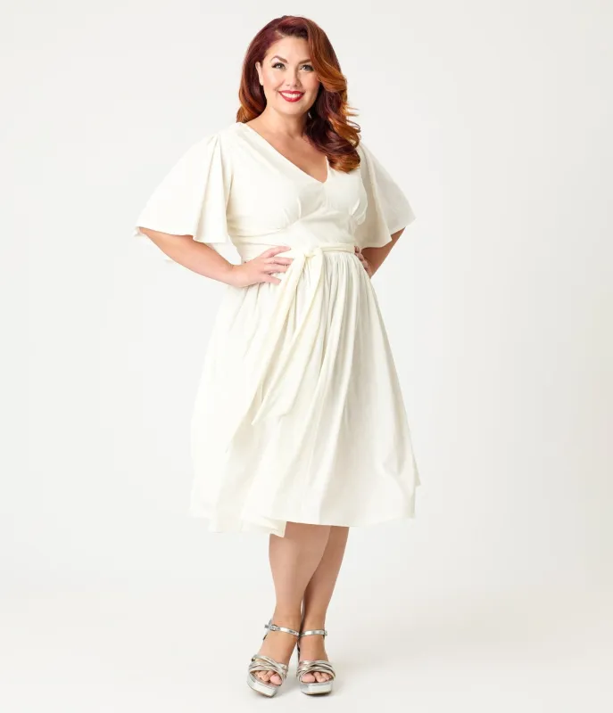 Unique Vintage Plus Size Ivory Peacock Embossed Velvet Flutter Sleeve Lenora Swing Dress sold by Unique Vintage