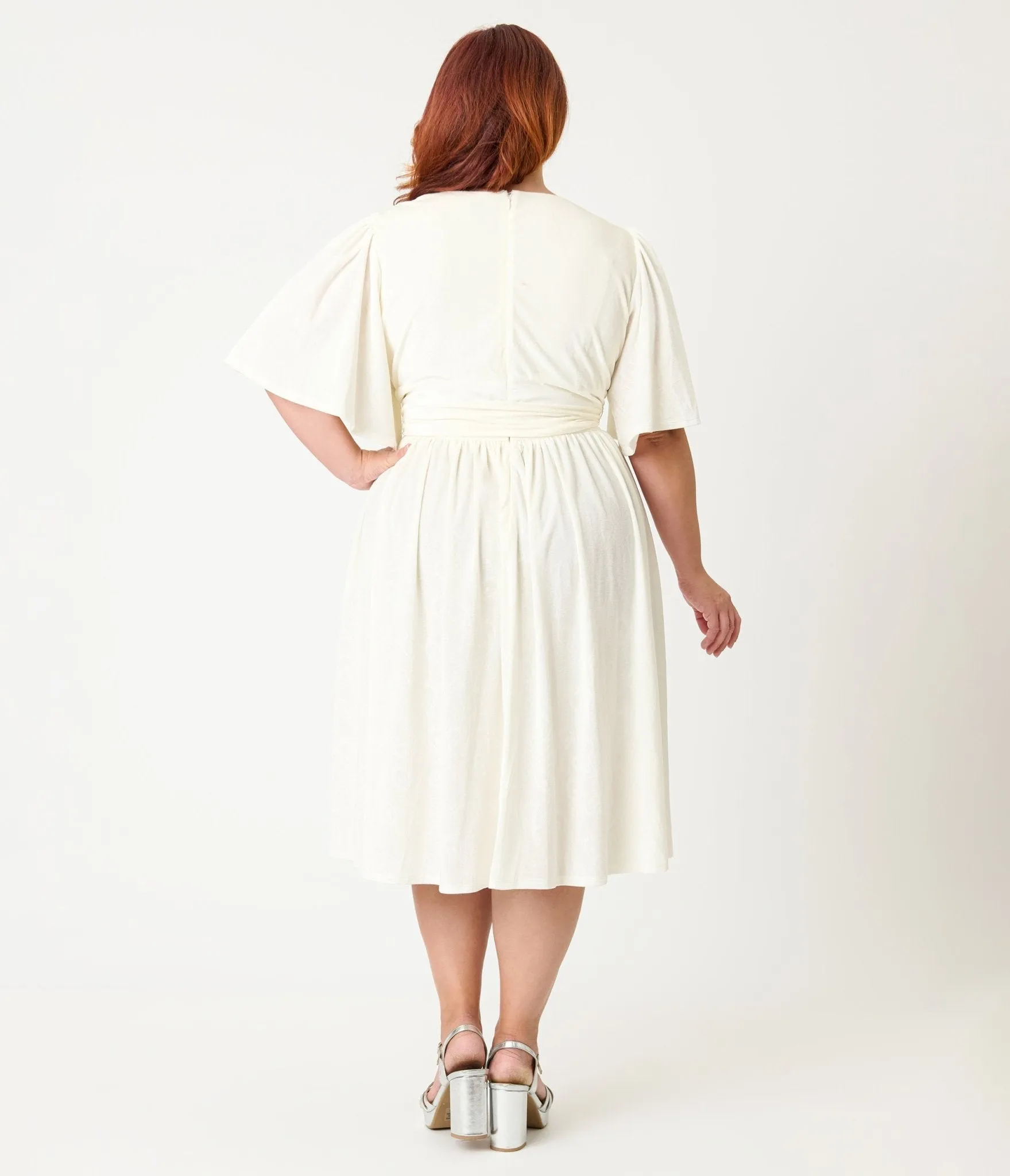 Unique Vintage Plus Size Ivory Peacock Embossed Velvet Flutter Sleeve Lenora Swing Dress sold by Unique Vintage product image thumbnail 2
