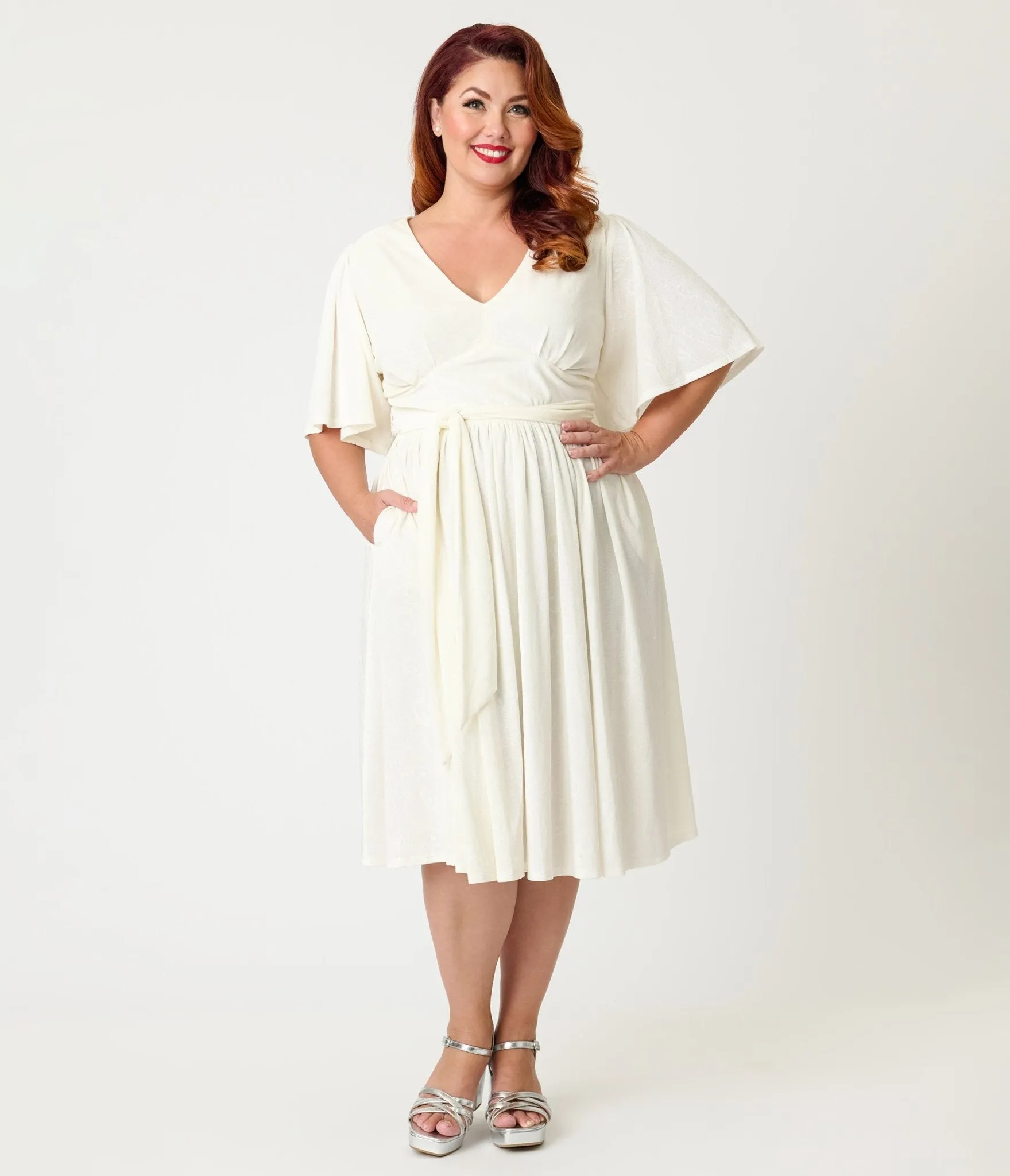 Unique Vintage Plus Size Ivory Peacock Embossed Velvet Flutter Sleeve Lenora Swing Dress sold by Unique Vintage product image thumbnail 3