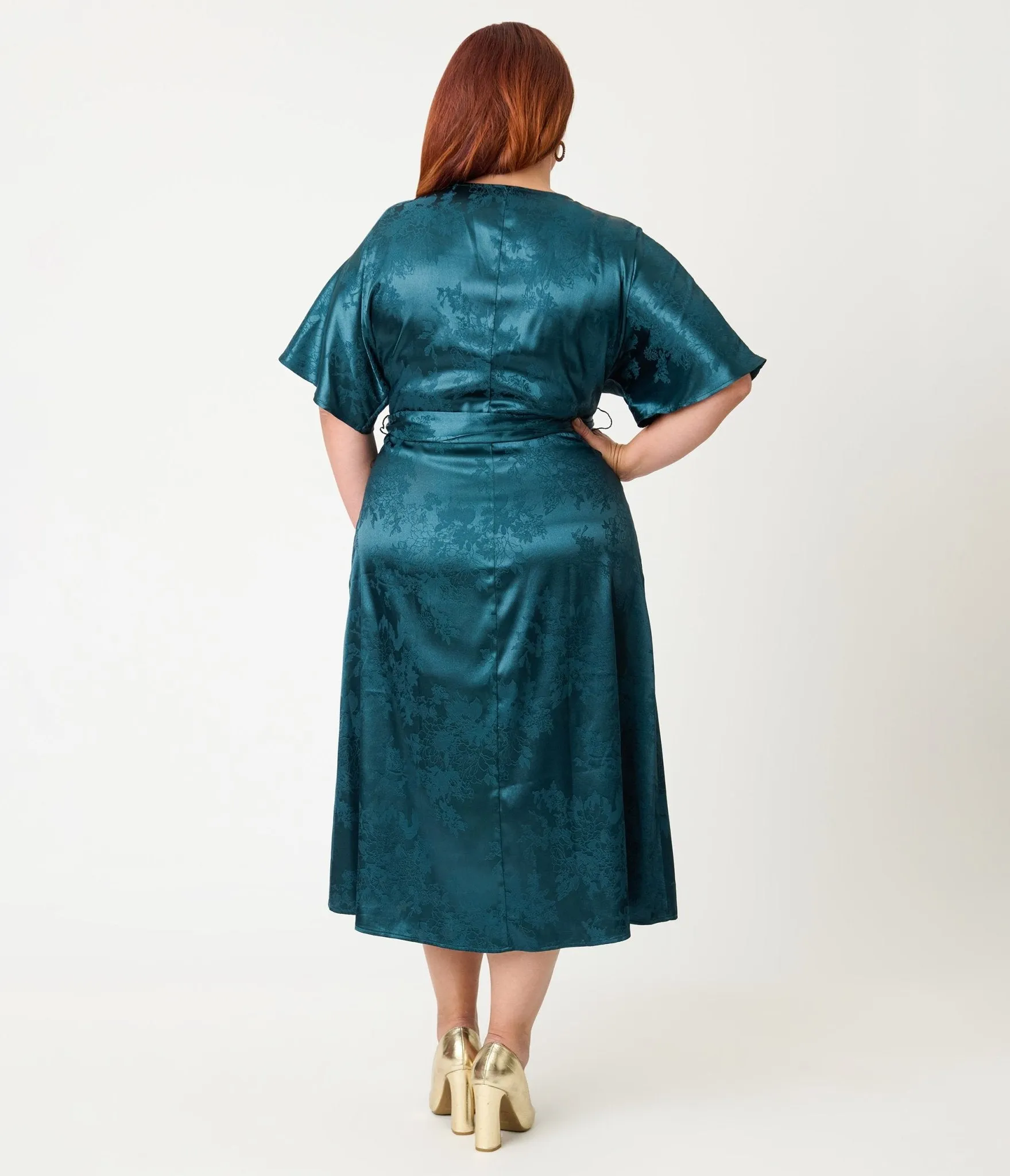 Unique Vintage Plus Size Teal Floral Brocade Wrap Midi Dress sold by Unique Vintage product image thumbnail 2