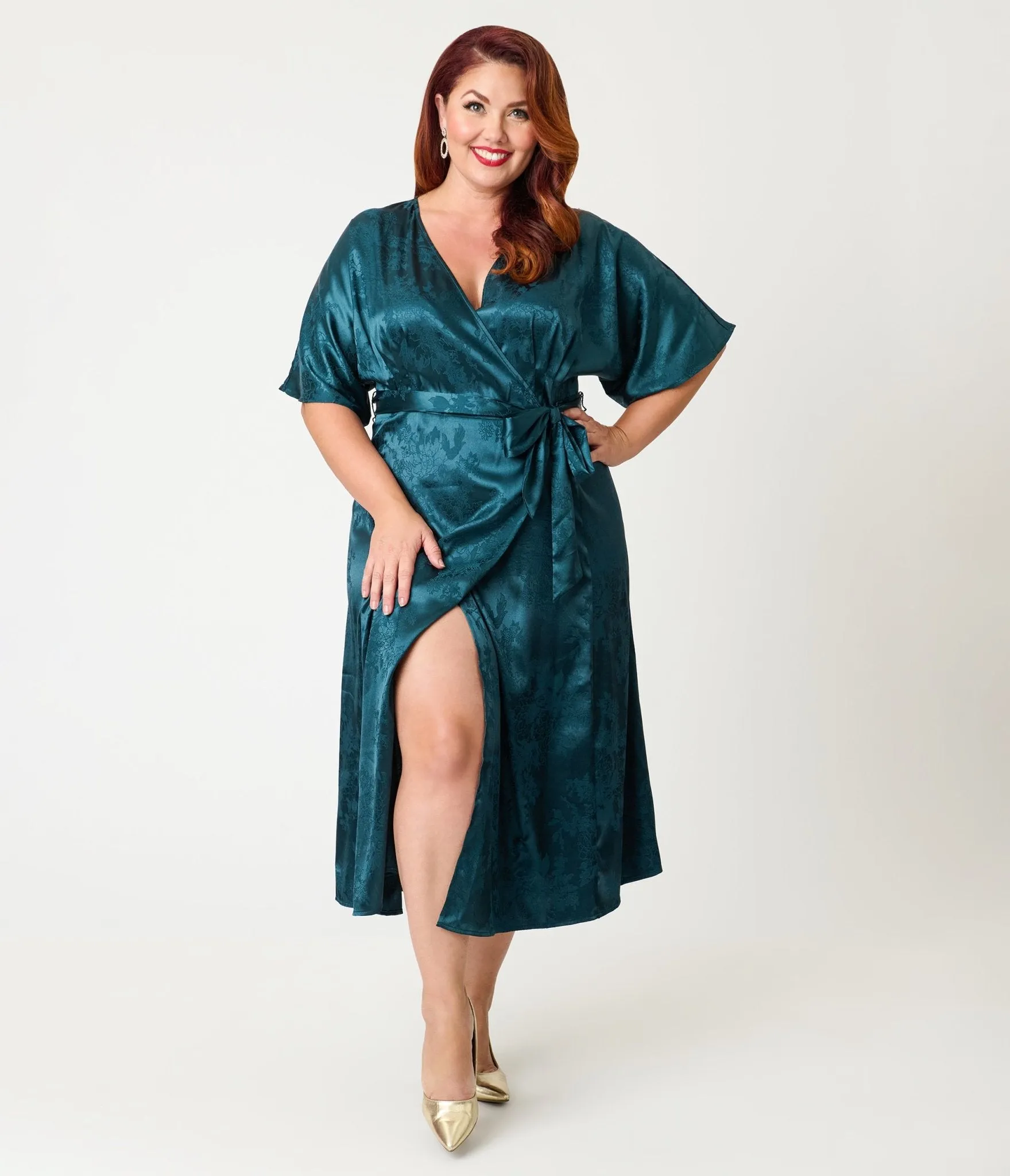 Unique Vintage Plus Size Teal Floral Brocade Wrap Midi Dress sold by Unique Vintage