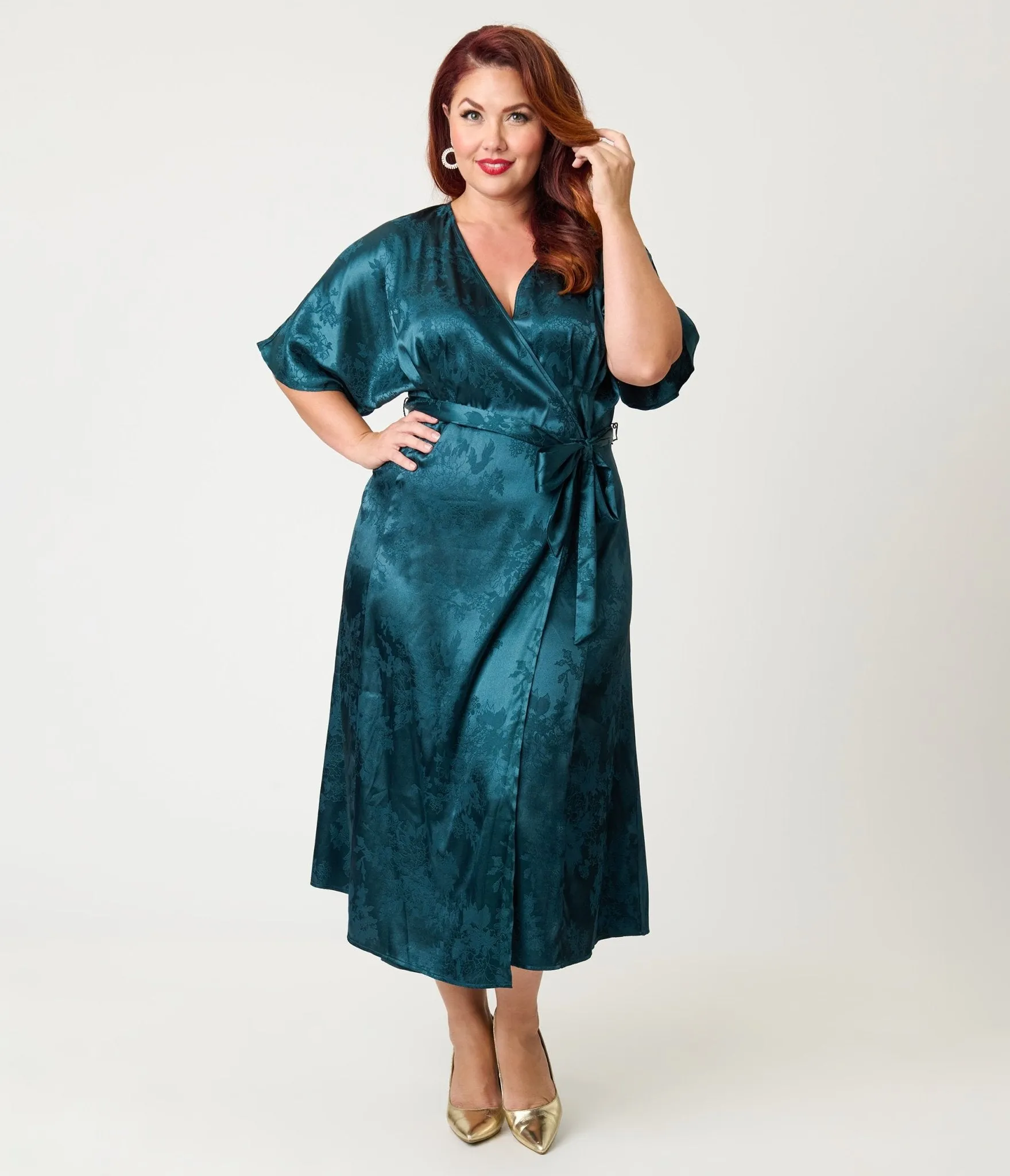 Unique Vintage Plus Size Teal Floral Brocade Wrap Midi Dress sold by Unique Vintage product image thumbnail 3