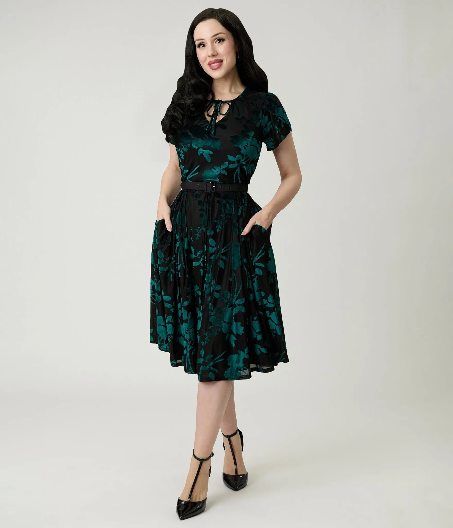 Unique Vintage Teal Floral Velvet Burnout Dahlia Swing Dress sold by Unique Vintage product image thumbnail 4