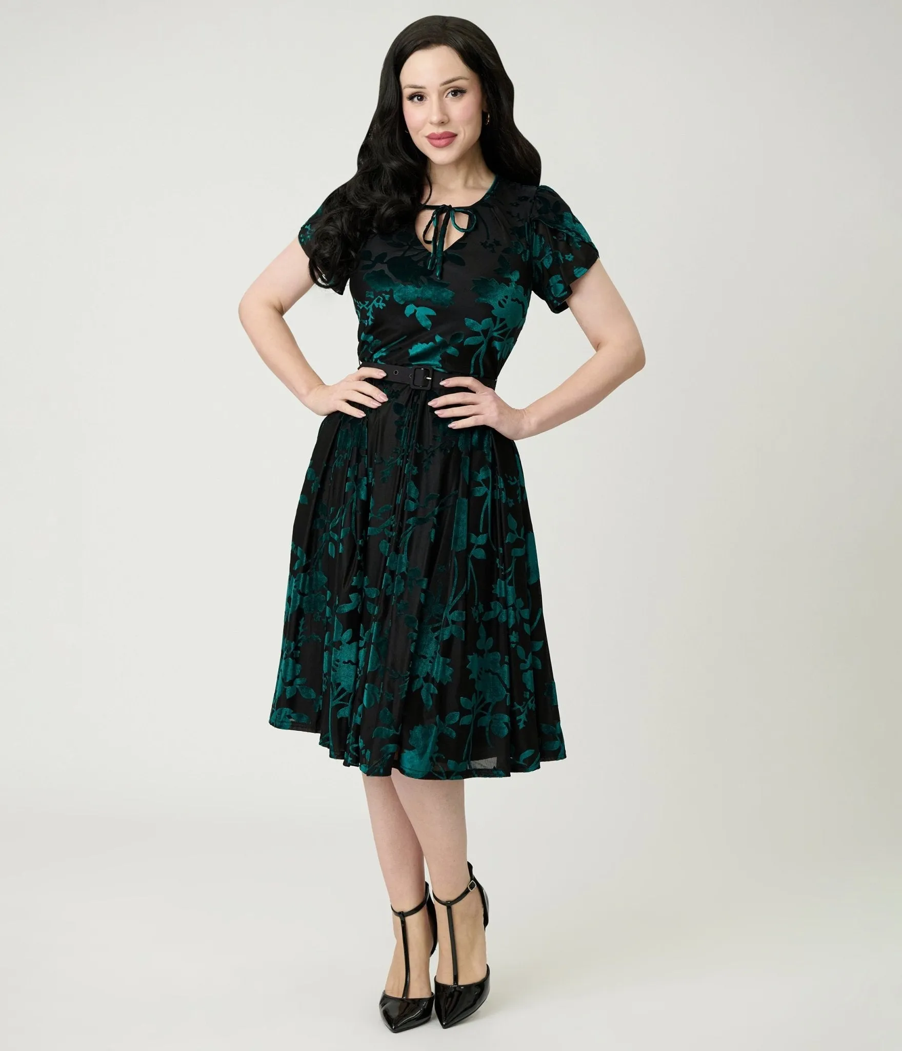 Unique Vintage Teal Floral Velvet Burnout Dahlia Swing Dress sold by Unique Vintage product image thumbnail 3