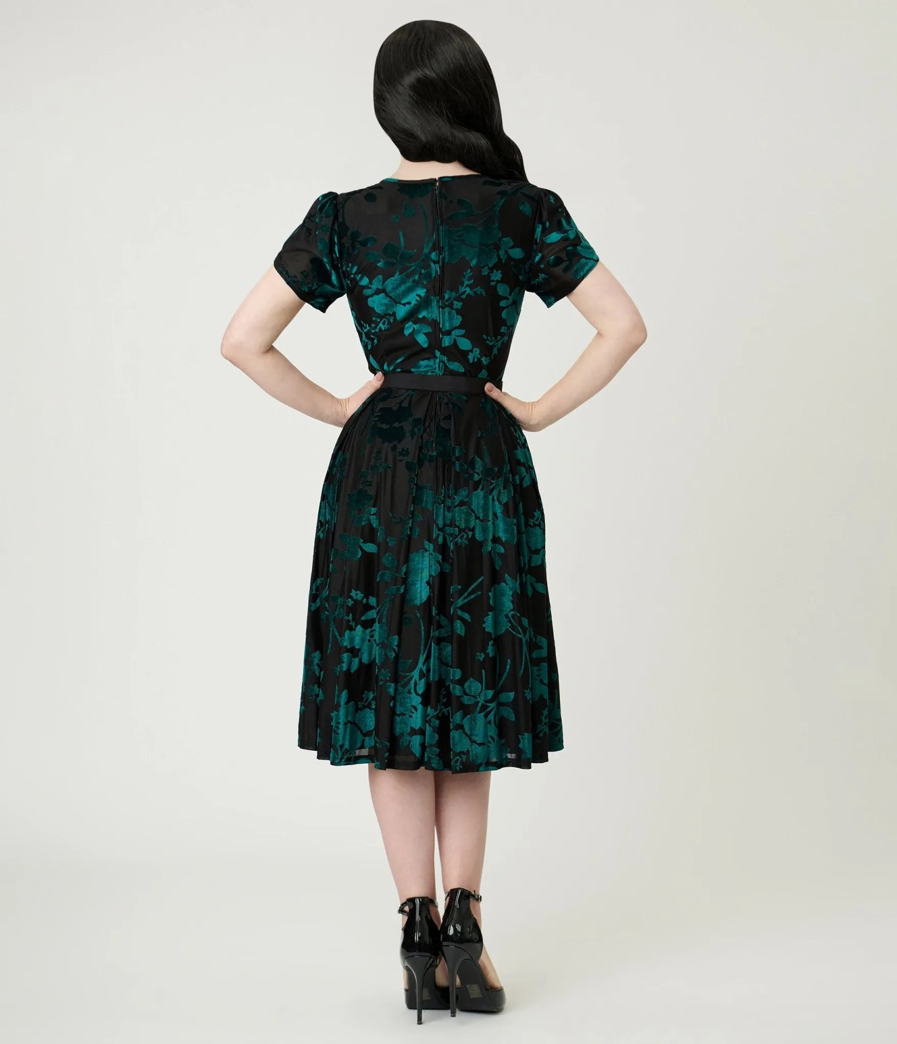 Unique Vintage Teal Floral Velvet Burnout Dahlia Swing Dress sold by Unique Vintage product image thumbnail 2