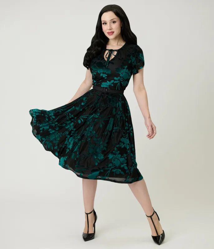 Unique Vintage Teal Floral Velvet Burnout Dahlia Swing Dress sold by Unique Vintage