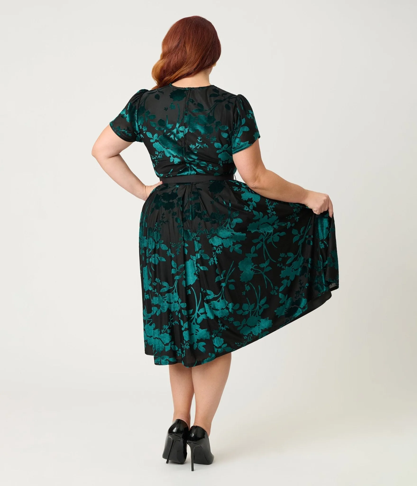Unique Vintage Plus Size Teal Floral Velvet Burnout Dahlia Swing Dress sold by Unique Vintage product image thumbnail 2