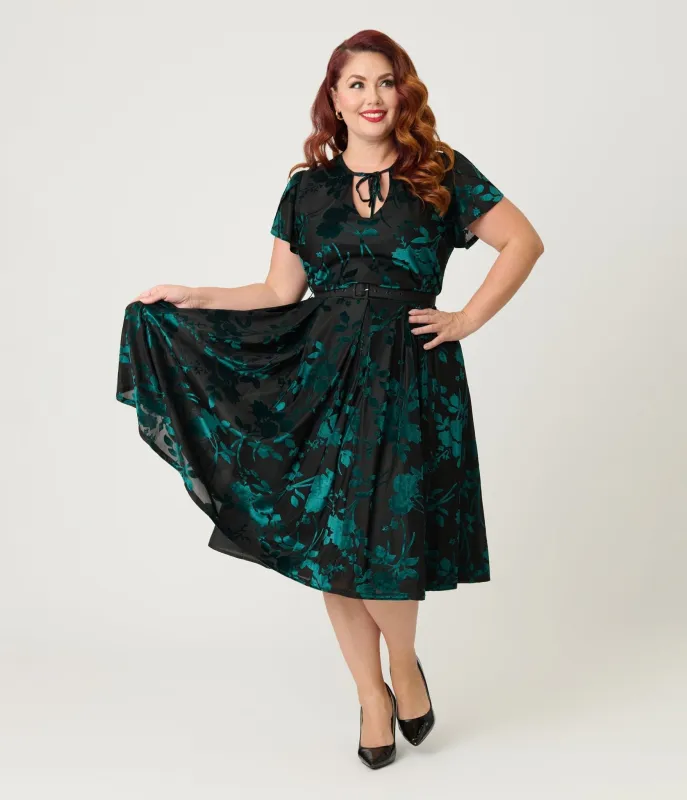 Unique Vintage Plus Size Teal Floral Velvet Burnout Dahlia Swing Dress sold by Unique Vintage
