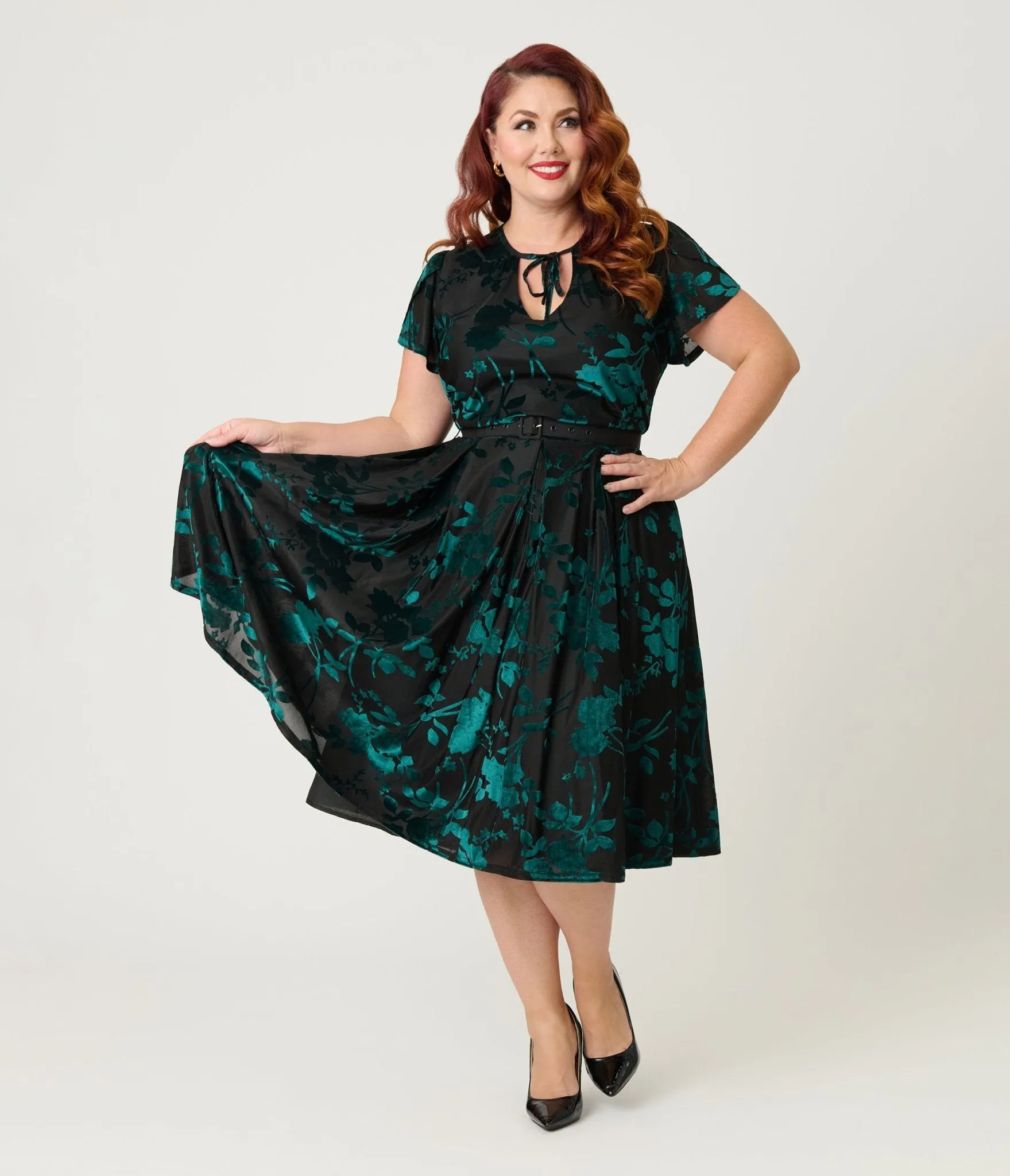 Unique Vintage Plus Size Teal Floral Velvet Burnout Dahlia Swing Dress sold by Unique Vintage