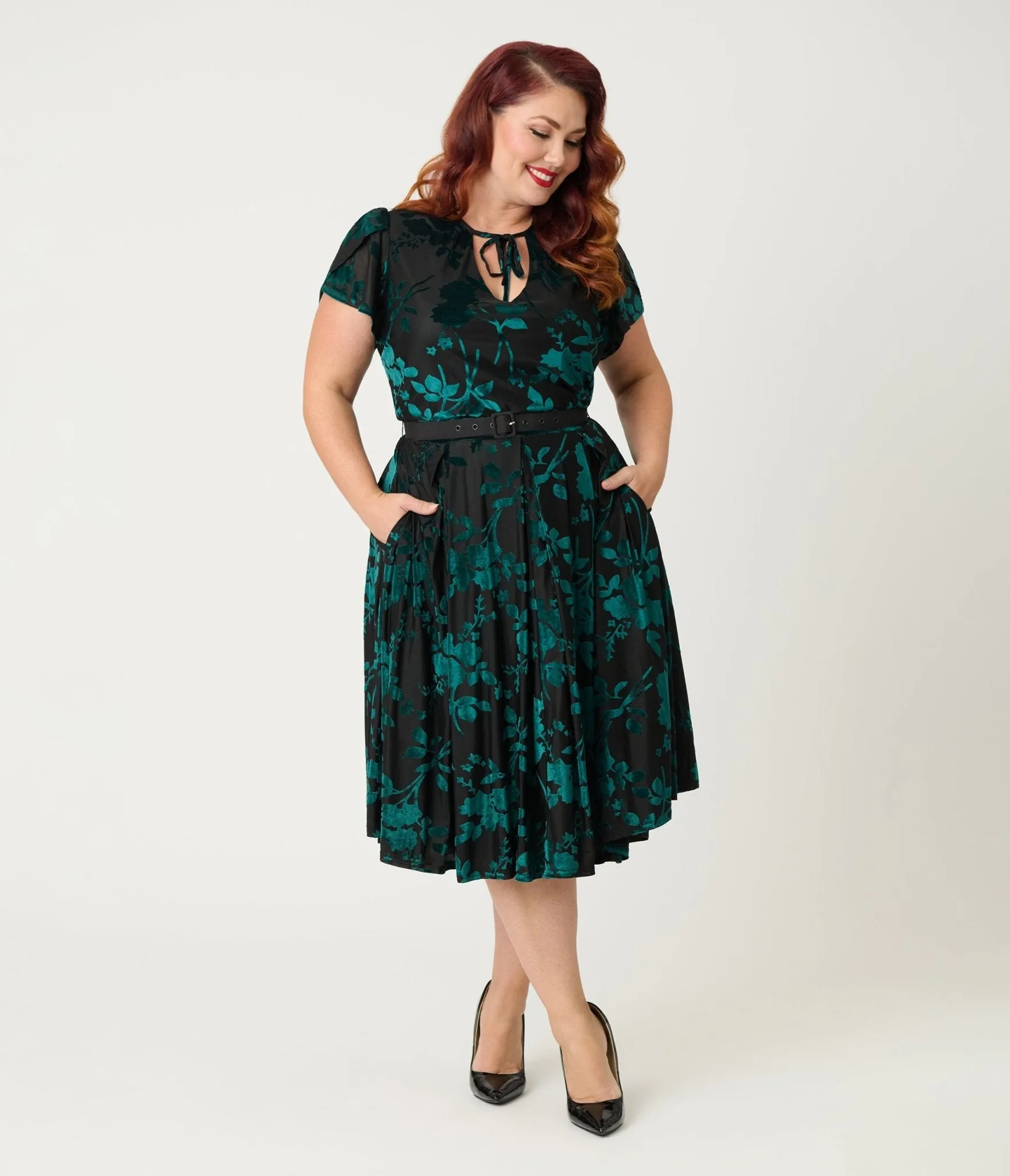 Unique Vintage Plus Size Teal Floral Velvet Burnout Dahlia Swing Dress sold by Unique Vintage product image thumbnail 3
